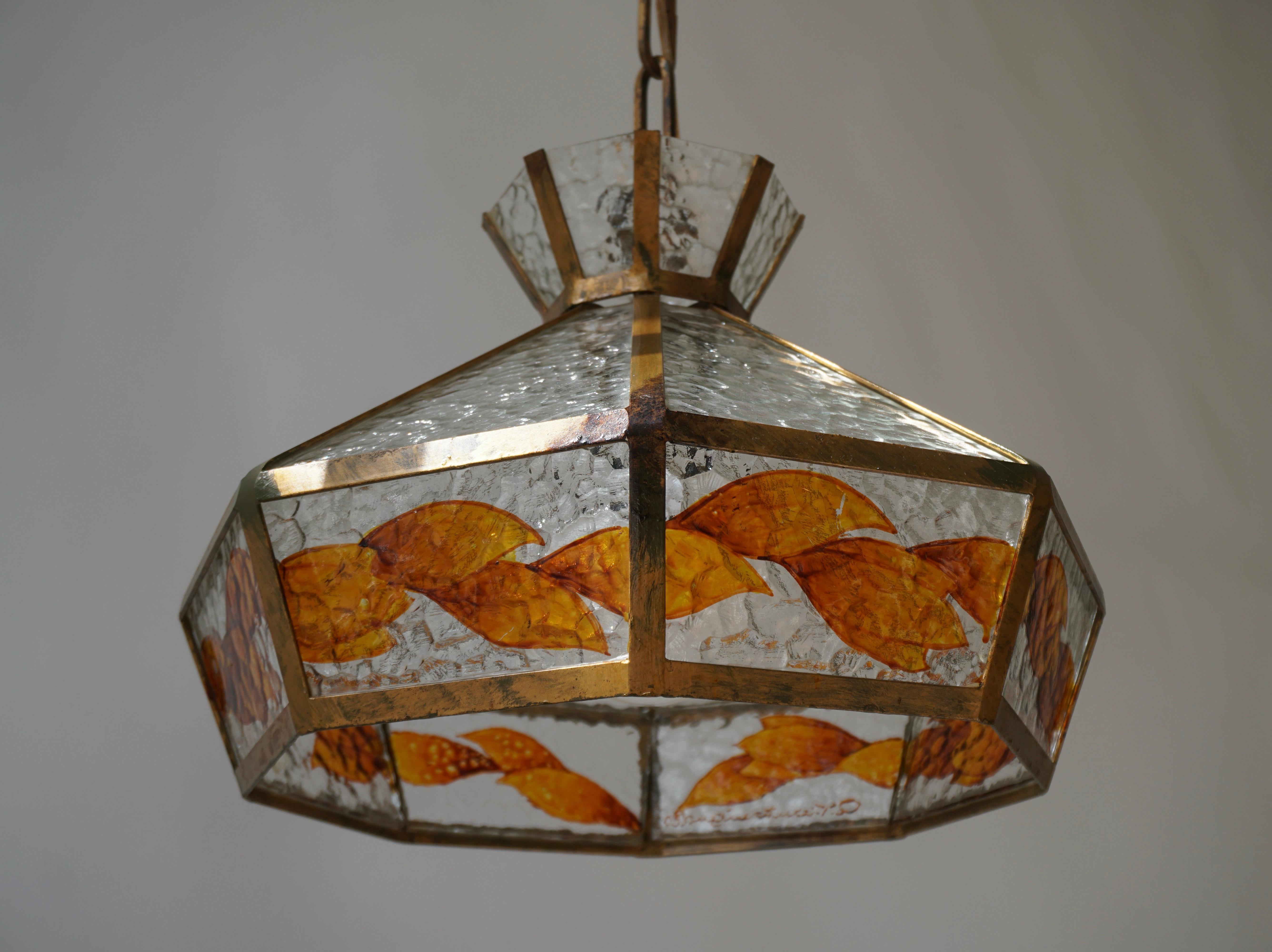 Hand-Painted Brutalist Hand Painted Stained Glass Pendant Light Fixture For Sale