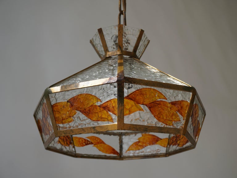 Brutalist Hand Painted Stained Glass Pendant Light Fixture In Good Condition In Antwerp, BE