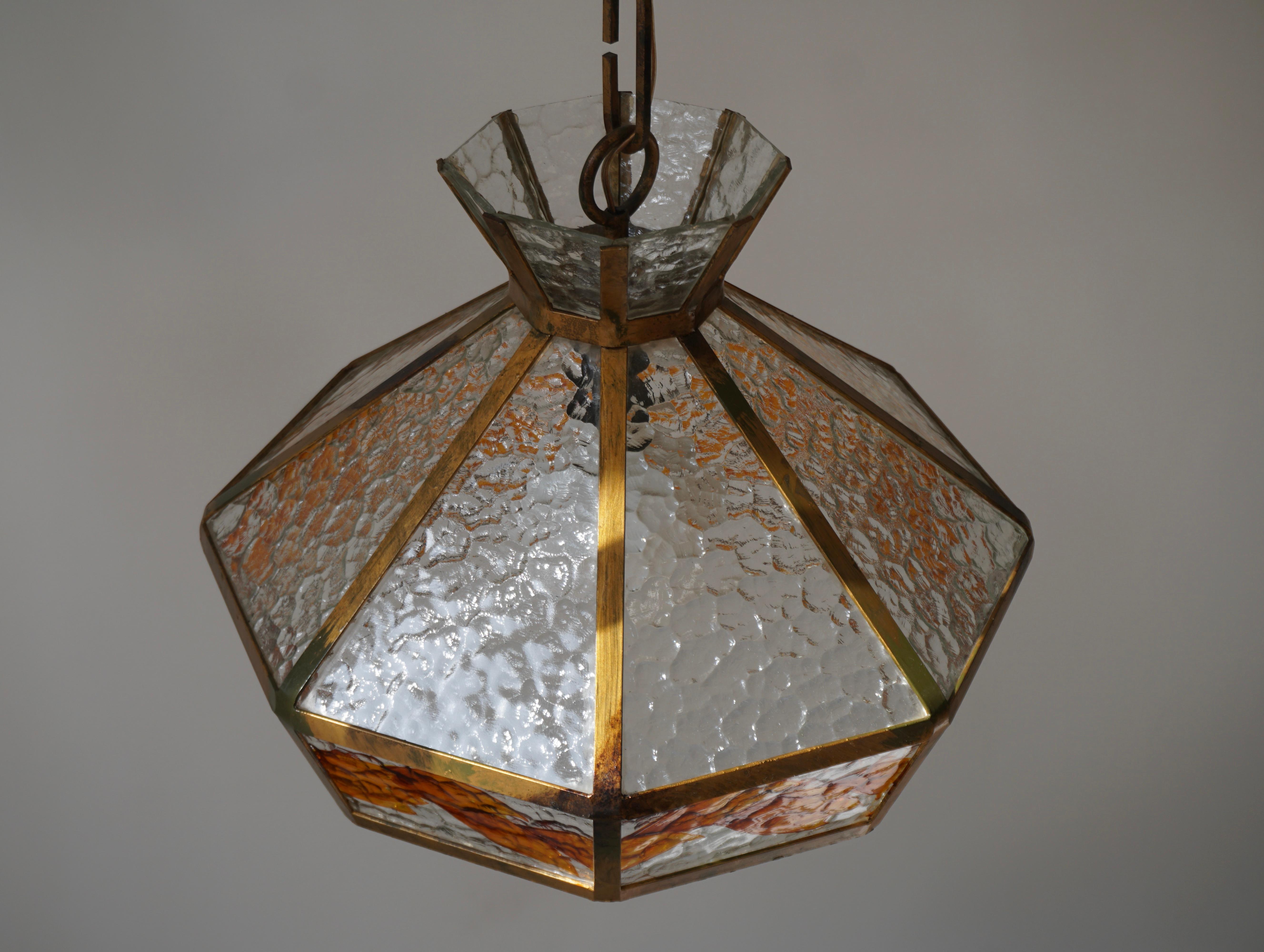 Mid-Century Modern Brutalist Hand Painted Stained Glass Pendant Light Fixture For Sale