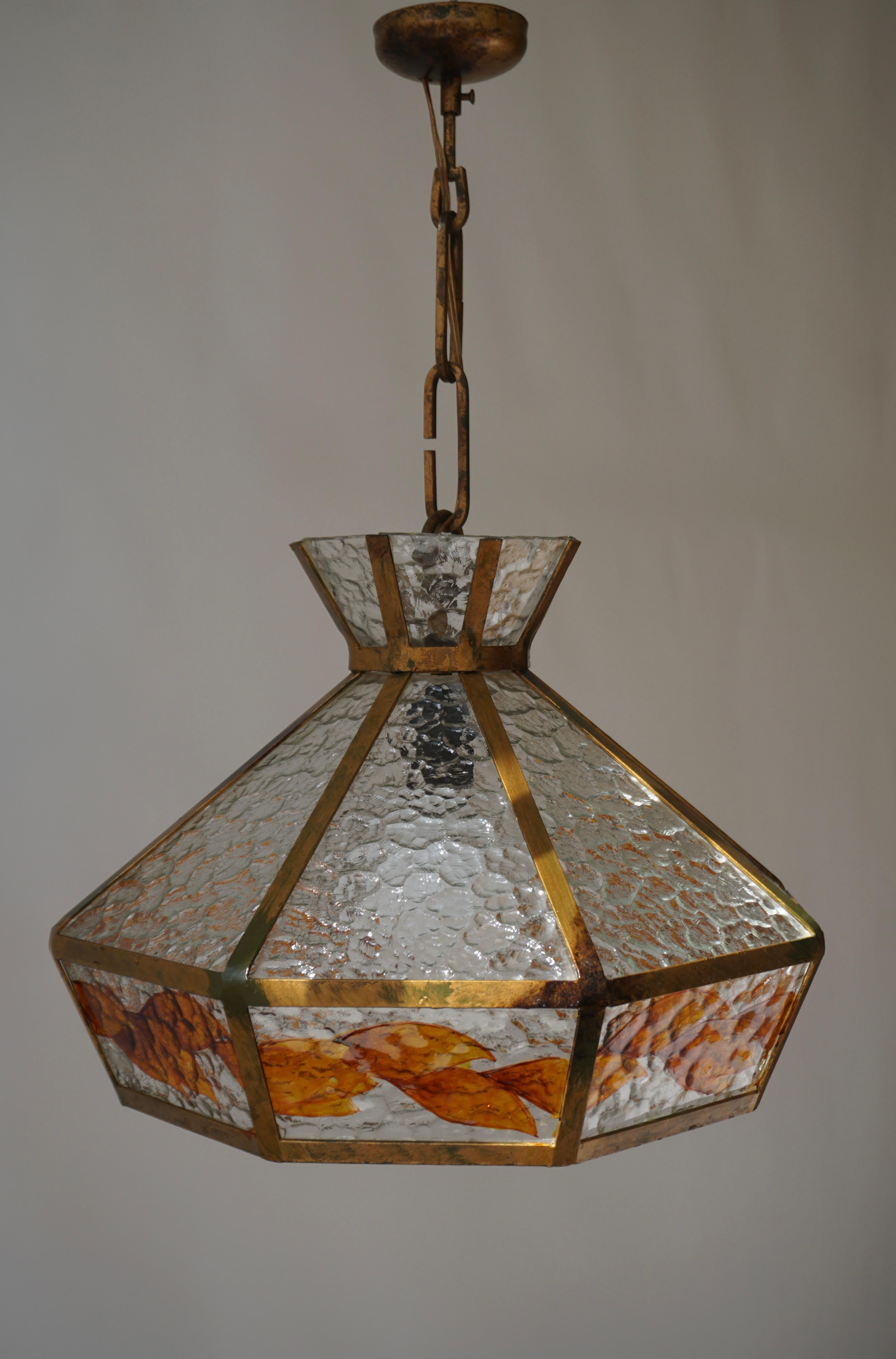 20th Century Brutalist Hand Painted Stained Glass Pendant Light Fixture For Sale