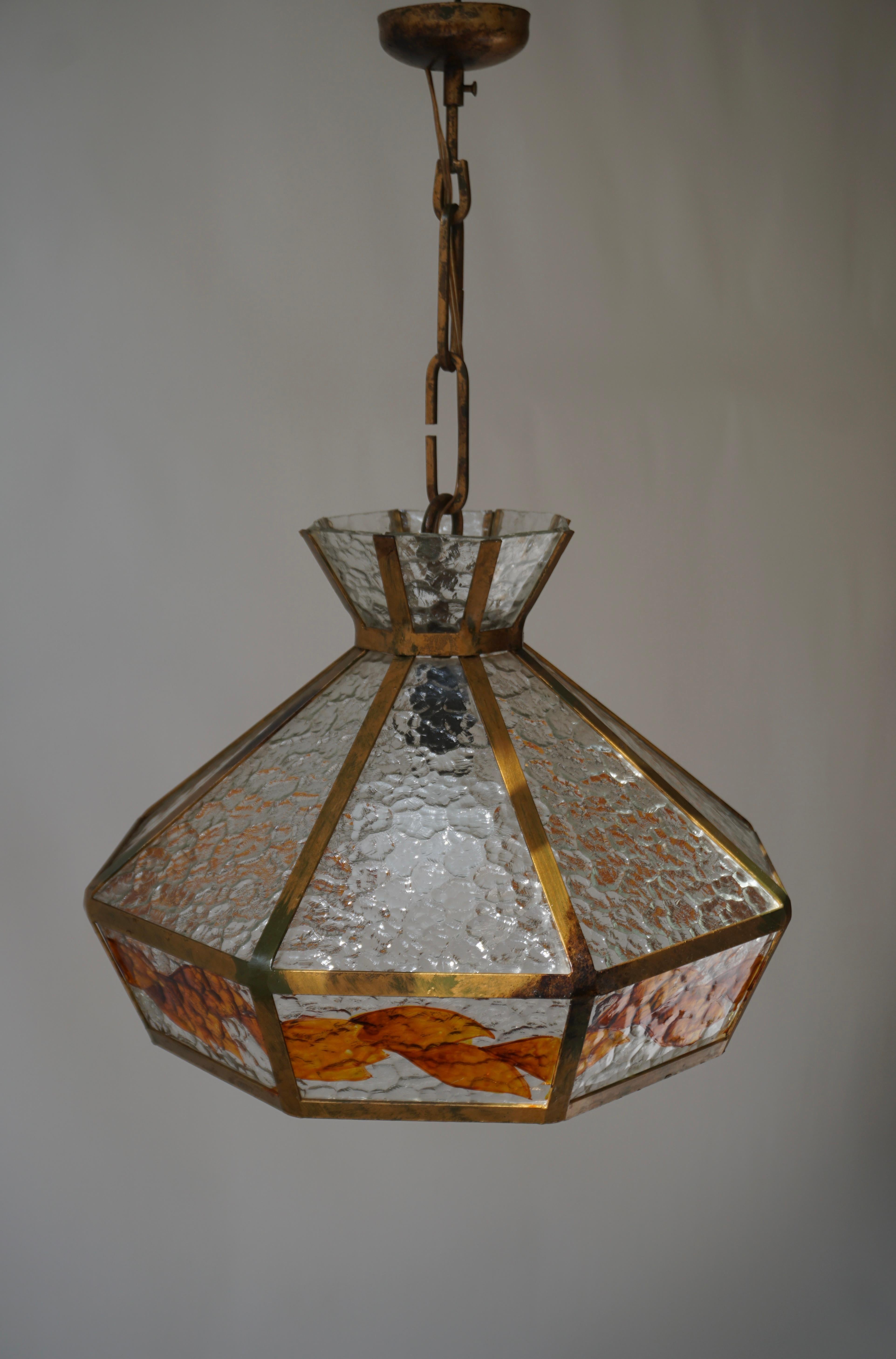 Brass Brutalist Hand Painted Stained Glass Pendant Light Fixture For Sale