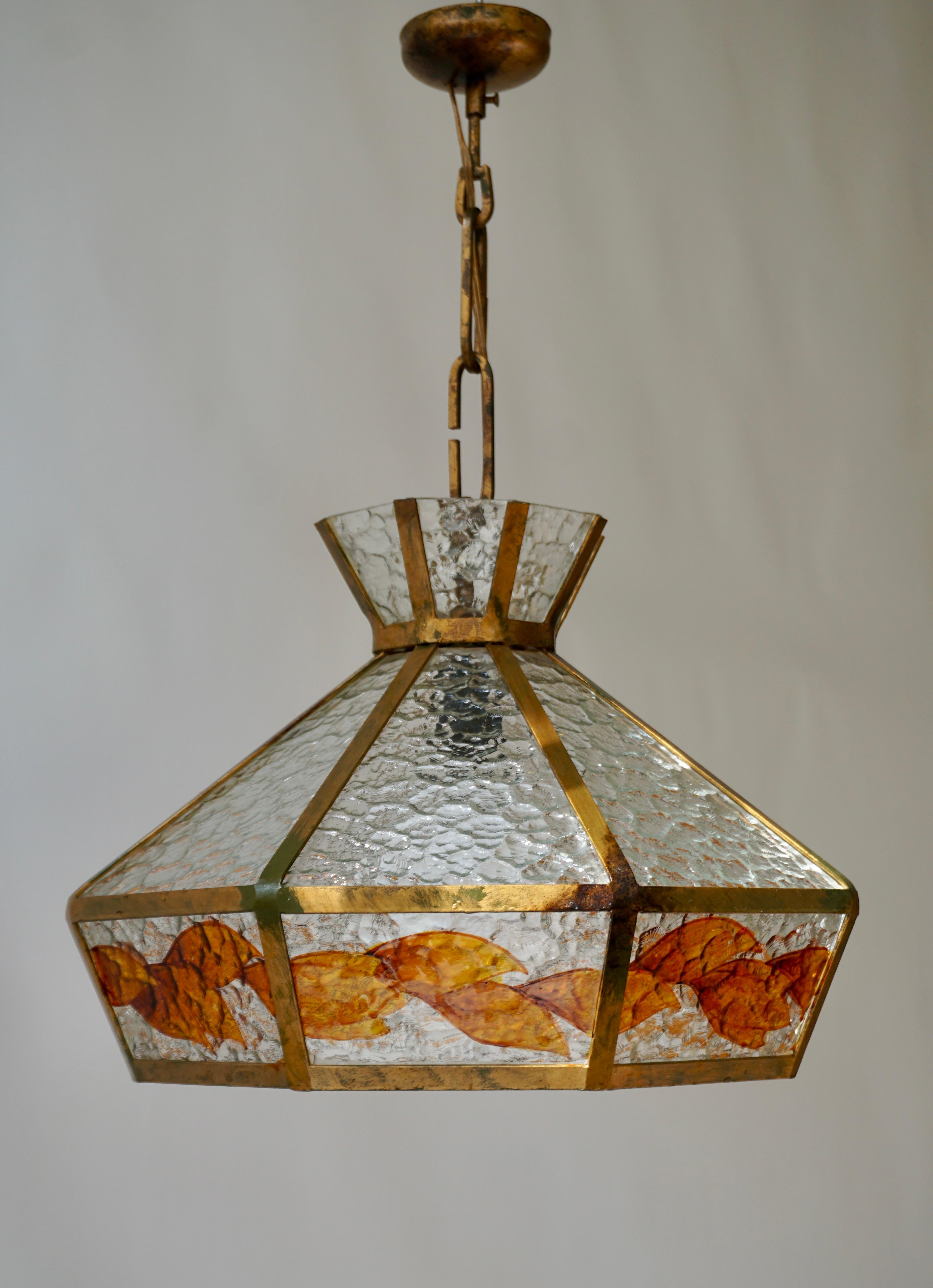 Brutalist Hand Painted Stained Glass Pendant Light Fixture For Sale 1