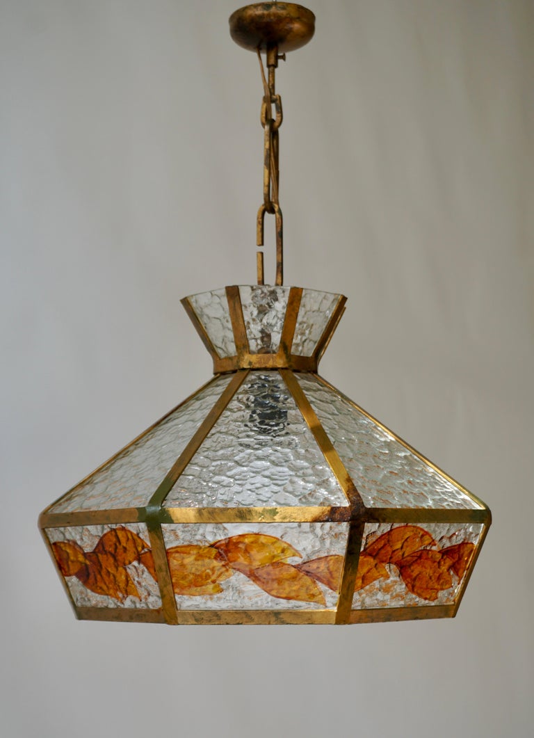 Brutalist Hand Painted Stained Glass Pendant Light Fixture 2