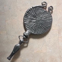 Brutalist handheld mirror in pewter by Patrick Meyer, 20th century