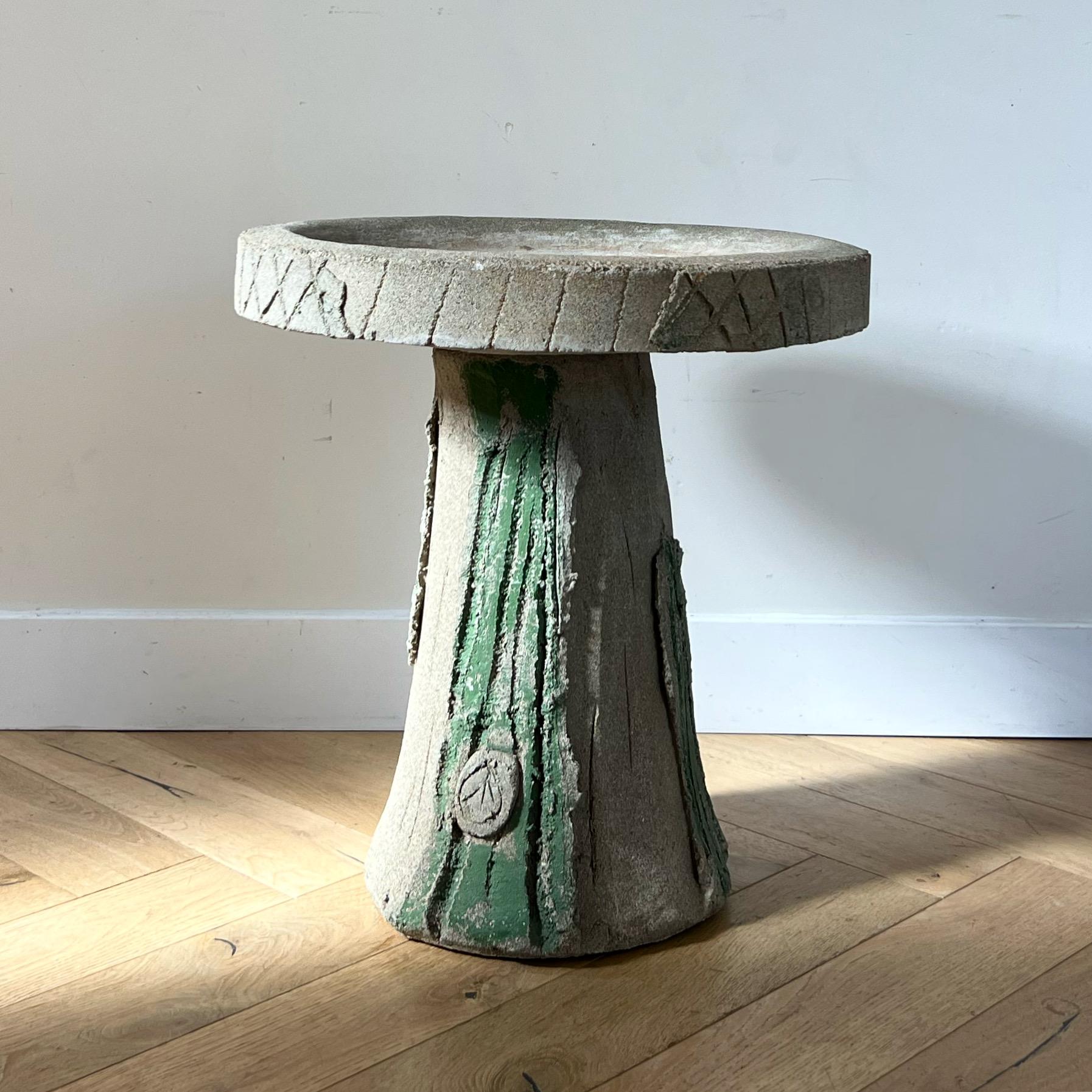 A hand-crafted brutalist cement accent table, 1970s. Could also work as a birdbath. Ash with tennis-court-green accents. Brutally unique - one of a kind. Minor signs of age but overall fabulous condition. Pick up in central west Los Angeles or