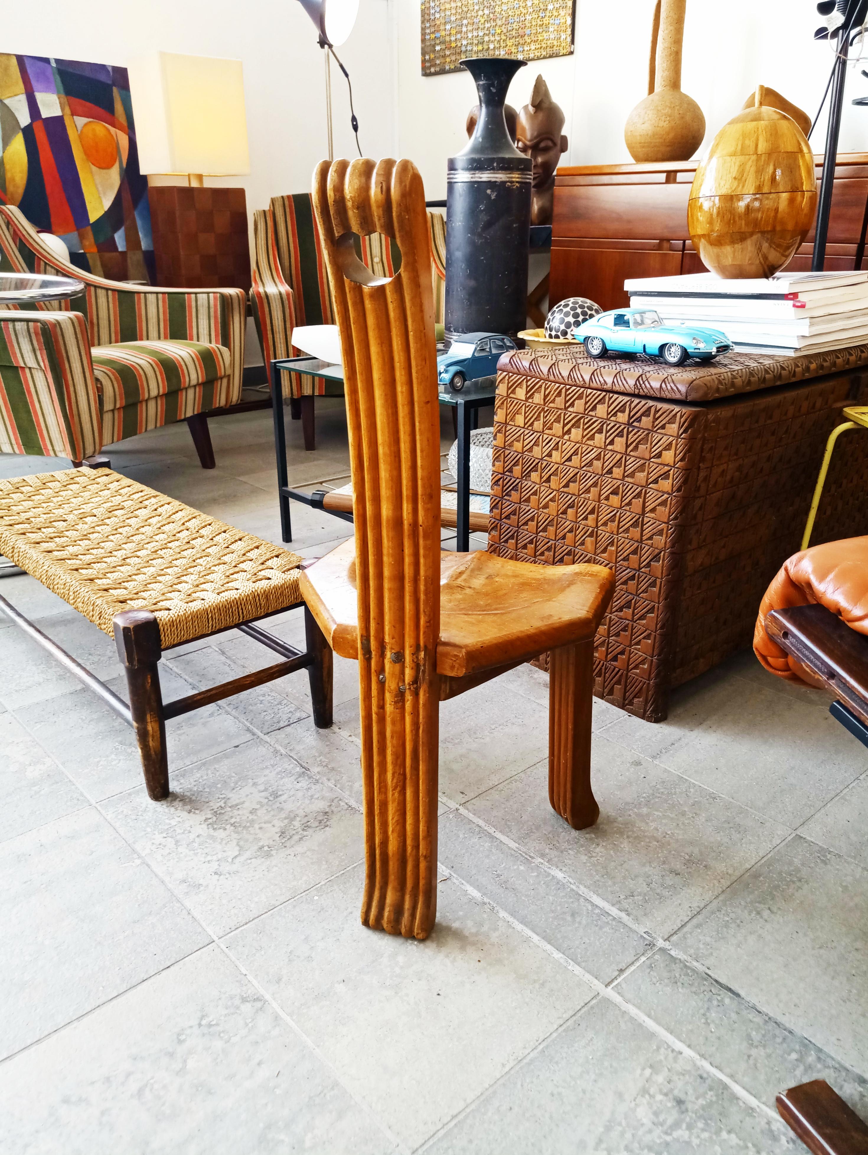 Beautiful handmade midcentury Brutalist wooden lounge chairs. Primitive design but very decorative, made from oak. Good original condition, 1950s.