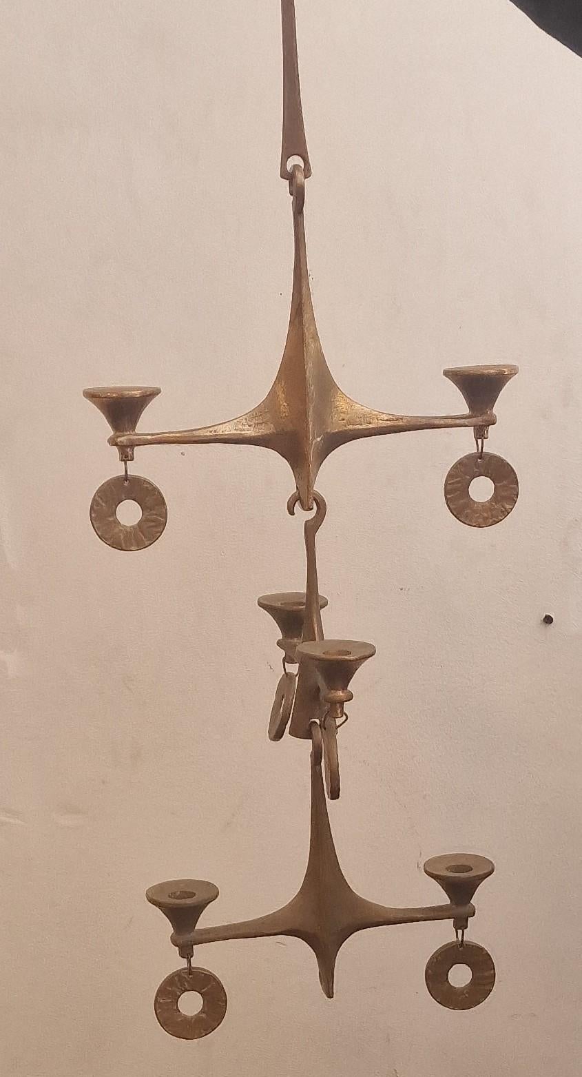 Brutalistische hängende Harjes Bronze Kerzenständer/ (Moderne der Mitte des Jahrhunderts) im Angebot