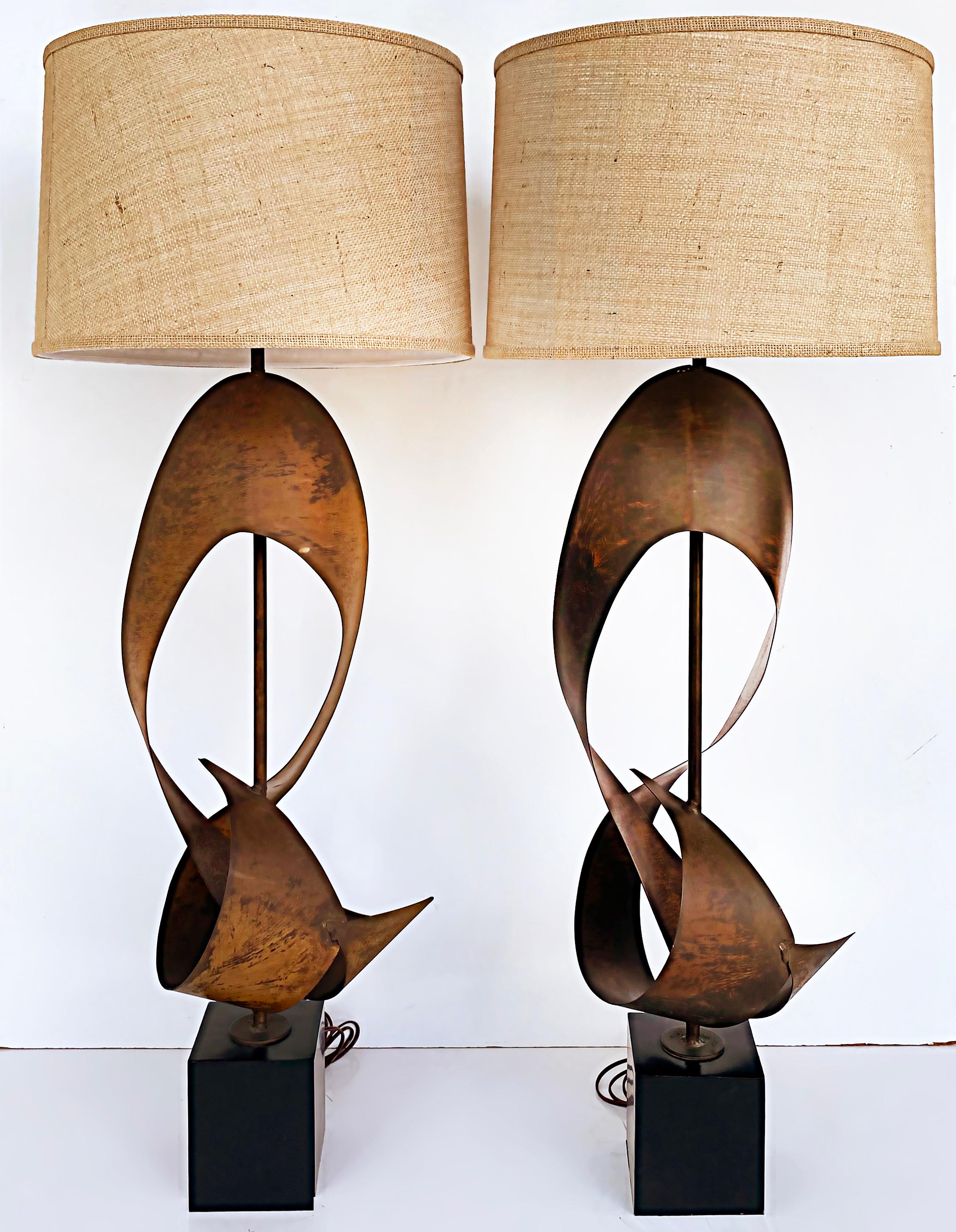 Brutalist Harry Balmer Harold Weiss Laurel Ribbon Table Lamps with New Shades 1