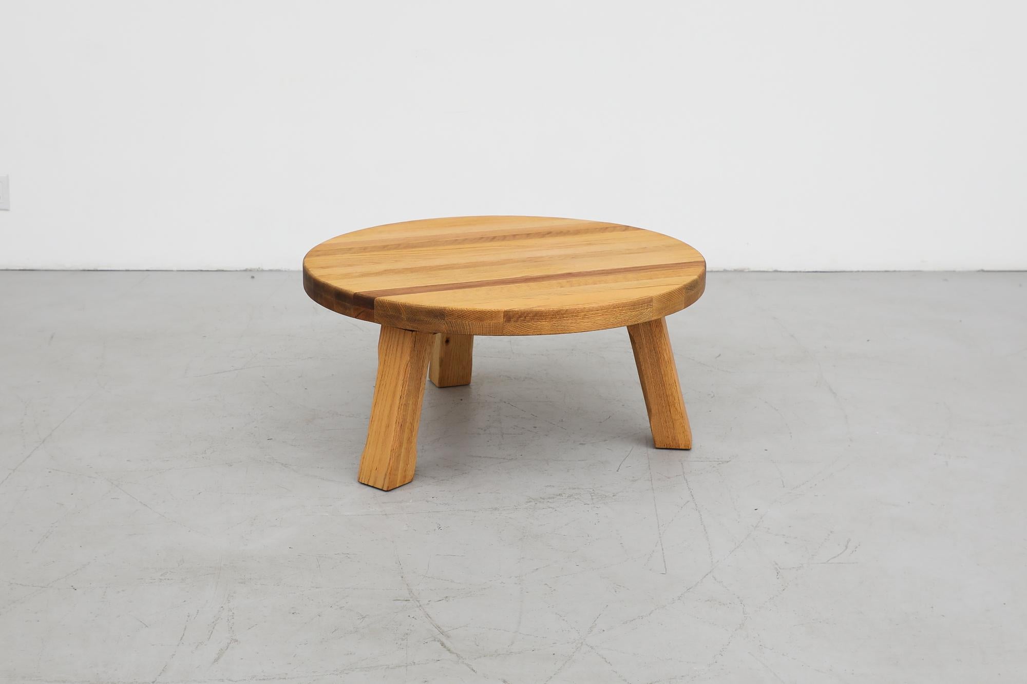 Mid-Century Modern Brutalist Heavy Solid Oak Round Coffee Table