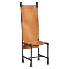 Brutalist High Back Chair in Wrought Iron and Patinated Cognac Leather 1960s