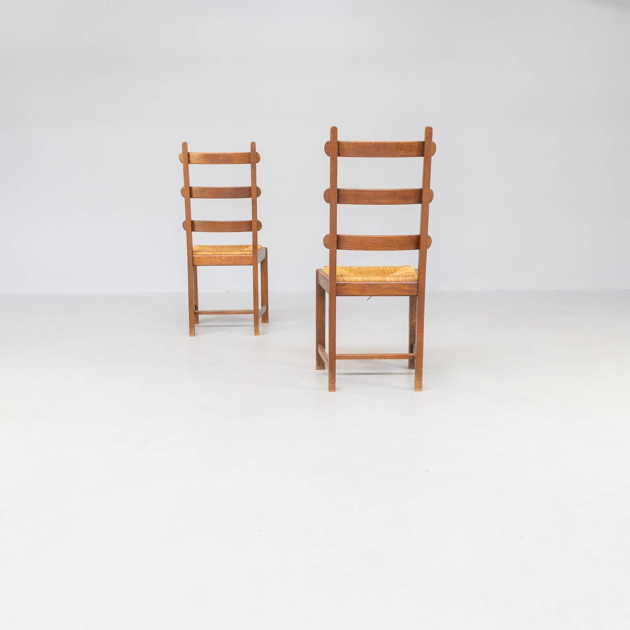 Brutalist high back oak and wicker dining chair set/2 For Sale 4