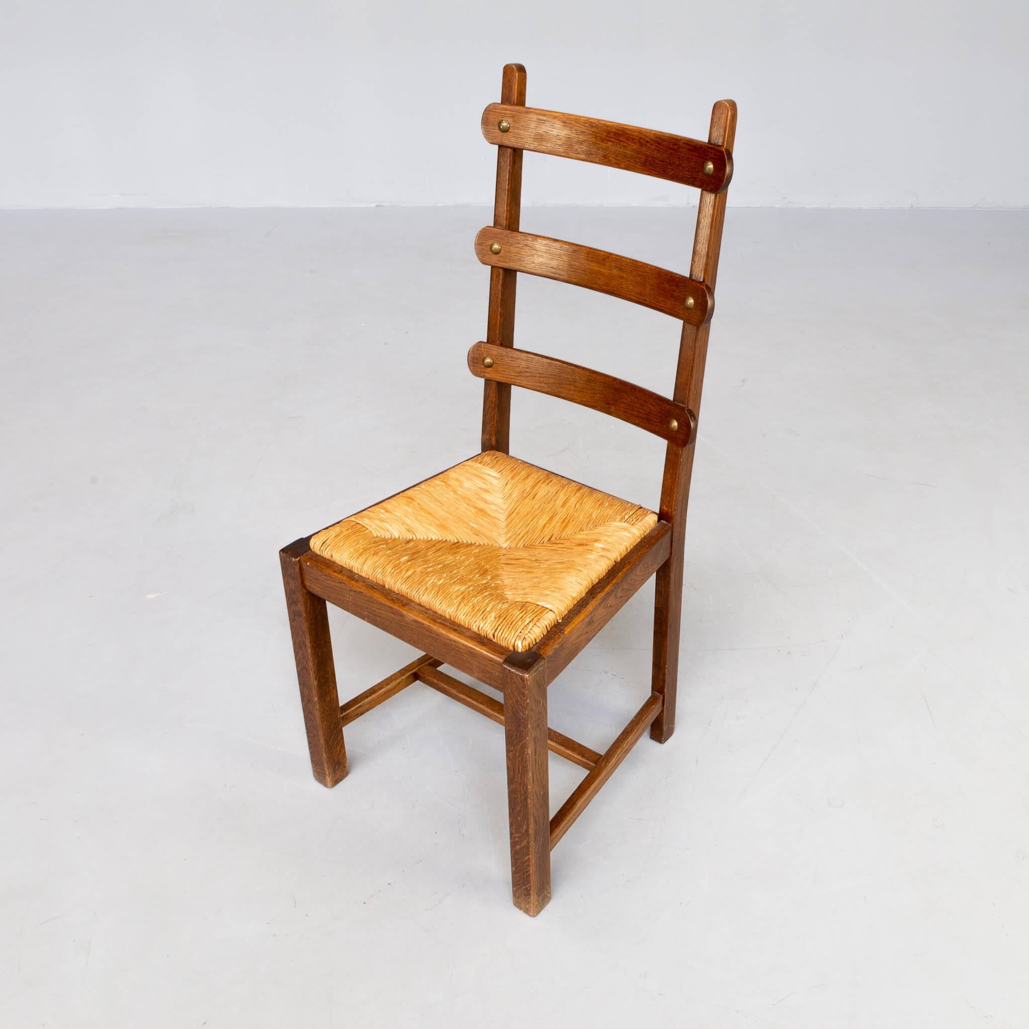 Brutalist high back oak and wicker dining chair set/2 For Sale 5