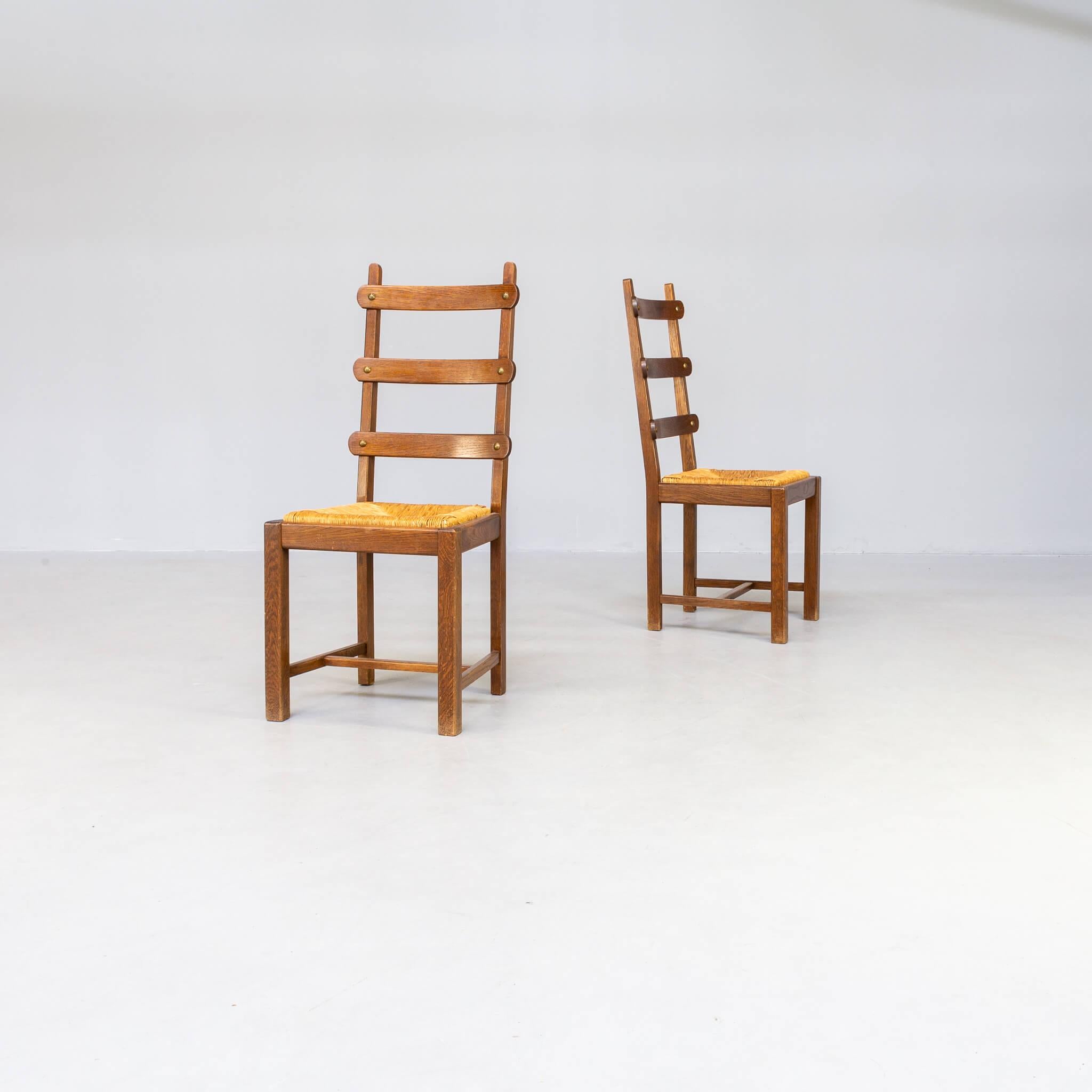 French Brutalist high back oak and wicker dining chair set/2 For Sale