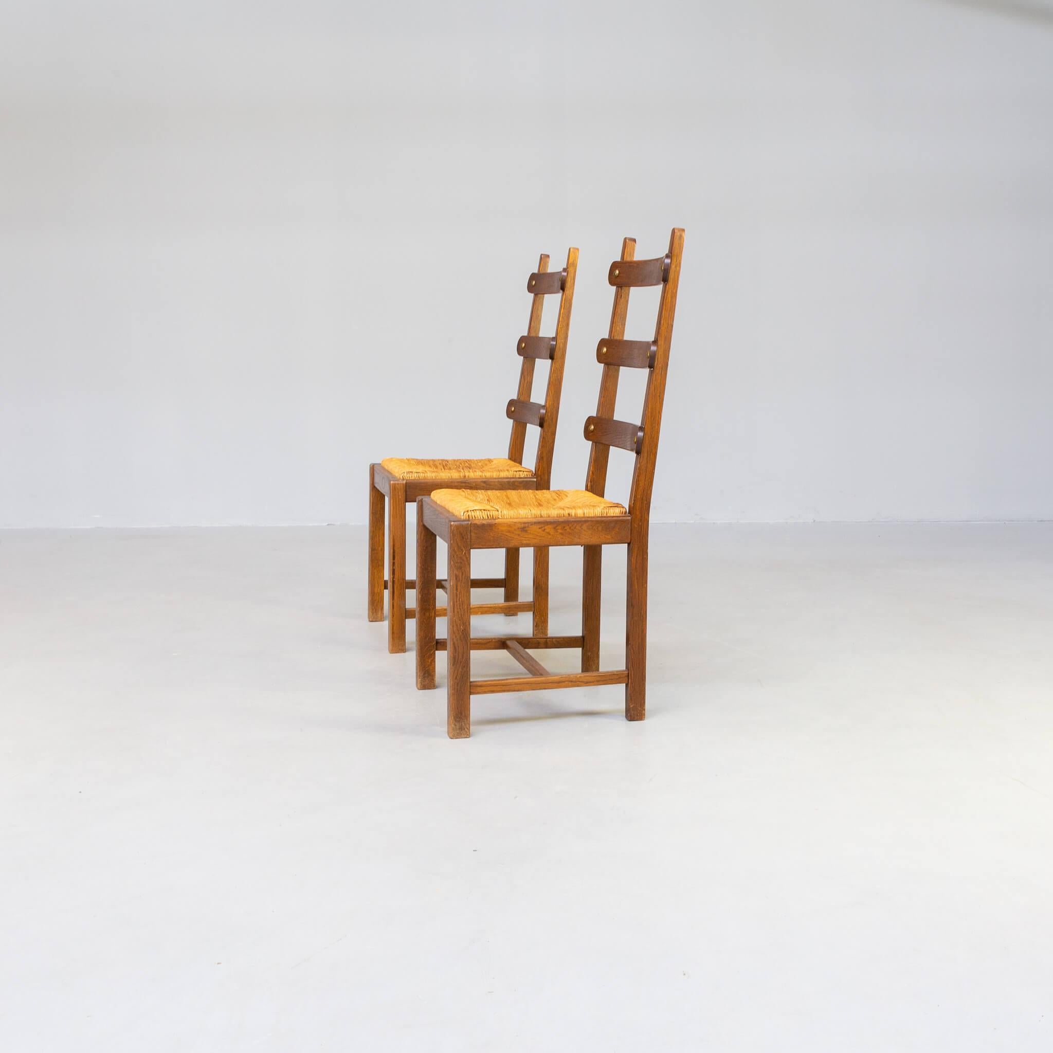 Late 20th Century Brutalist high back oak and wicker dining chair set/2 For Sale