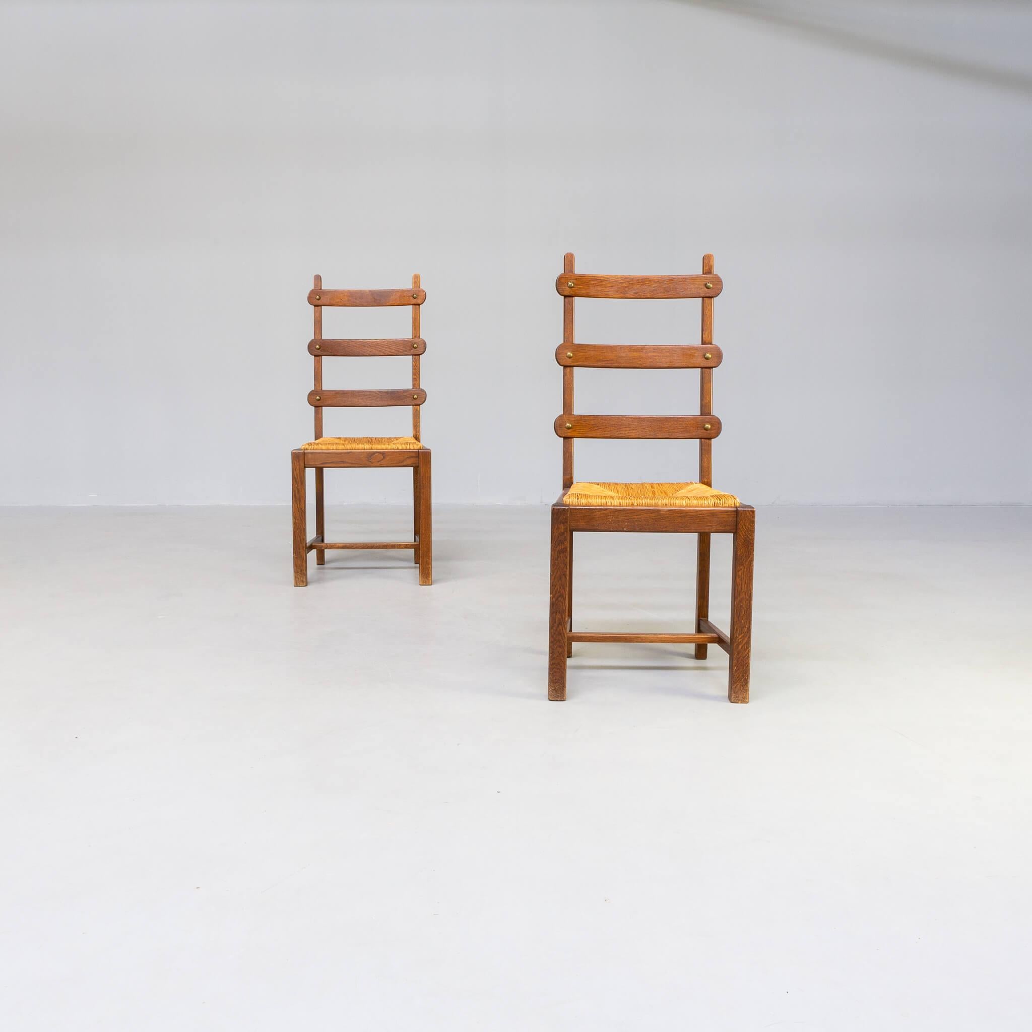 Wicker Brutalist high back oak and wicker dining chair set/2 For Sale