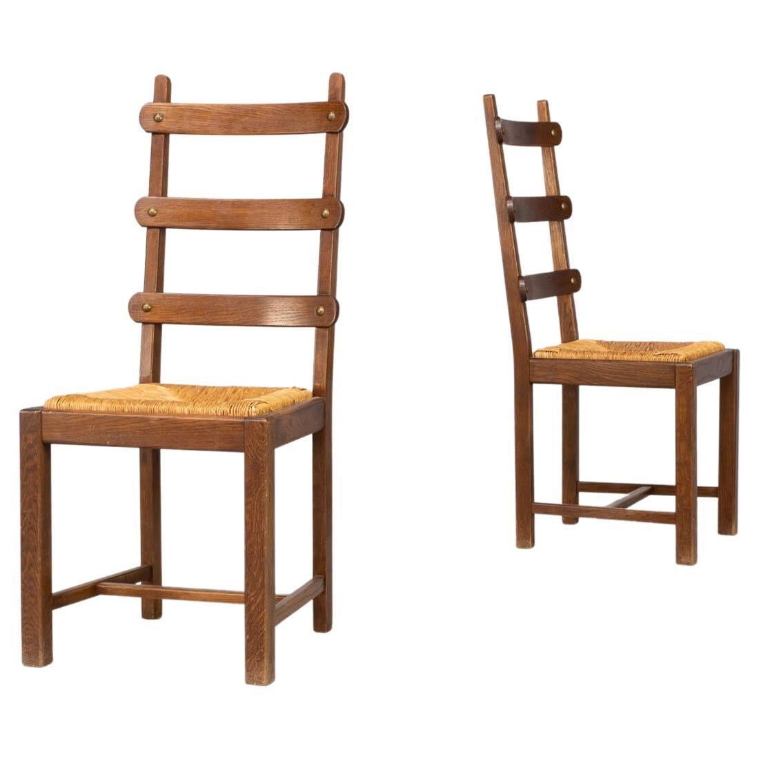 Brutalist high back oak and wicker dining chair set/2 For Sale