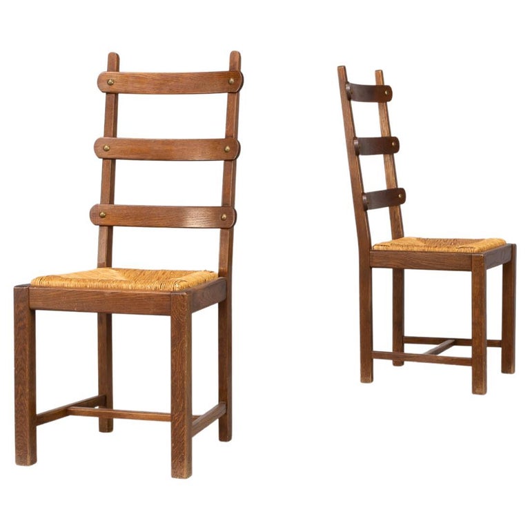 Brutalist high back oak and wicker dining chair set/2 For Sale at 1stDibs
