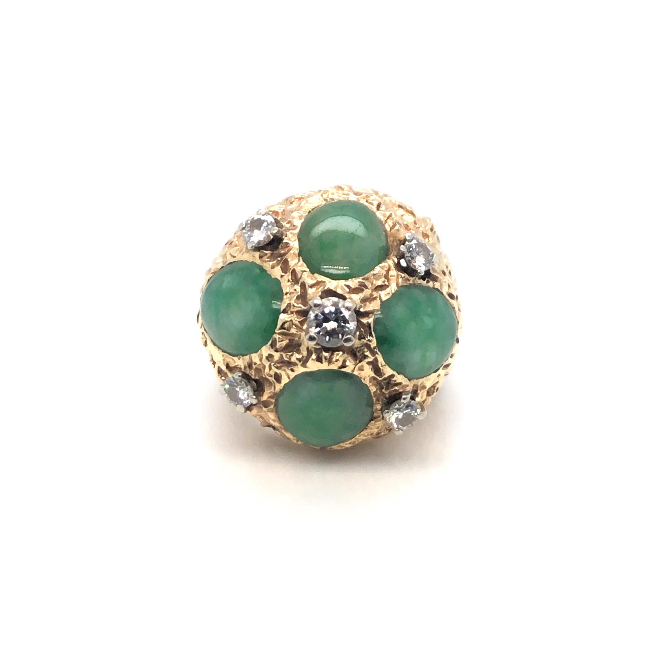 Brutalist High Dome Jade & Diamond Ring in 14K Yellow Gold. The ring features four oval cabochon cut jade, accented by five brilliant round diamonds. Ring size 6.5 and weighs 27 grams. 
