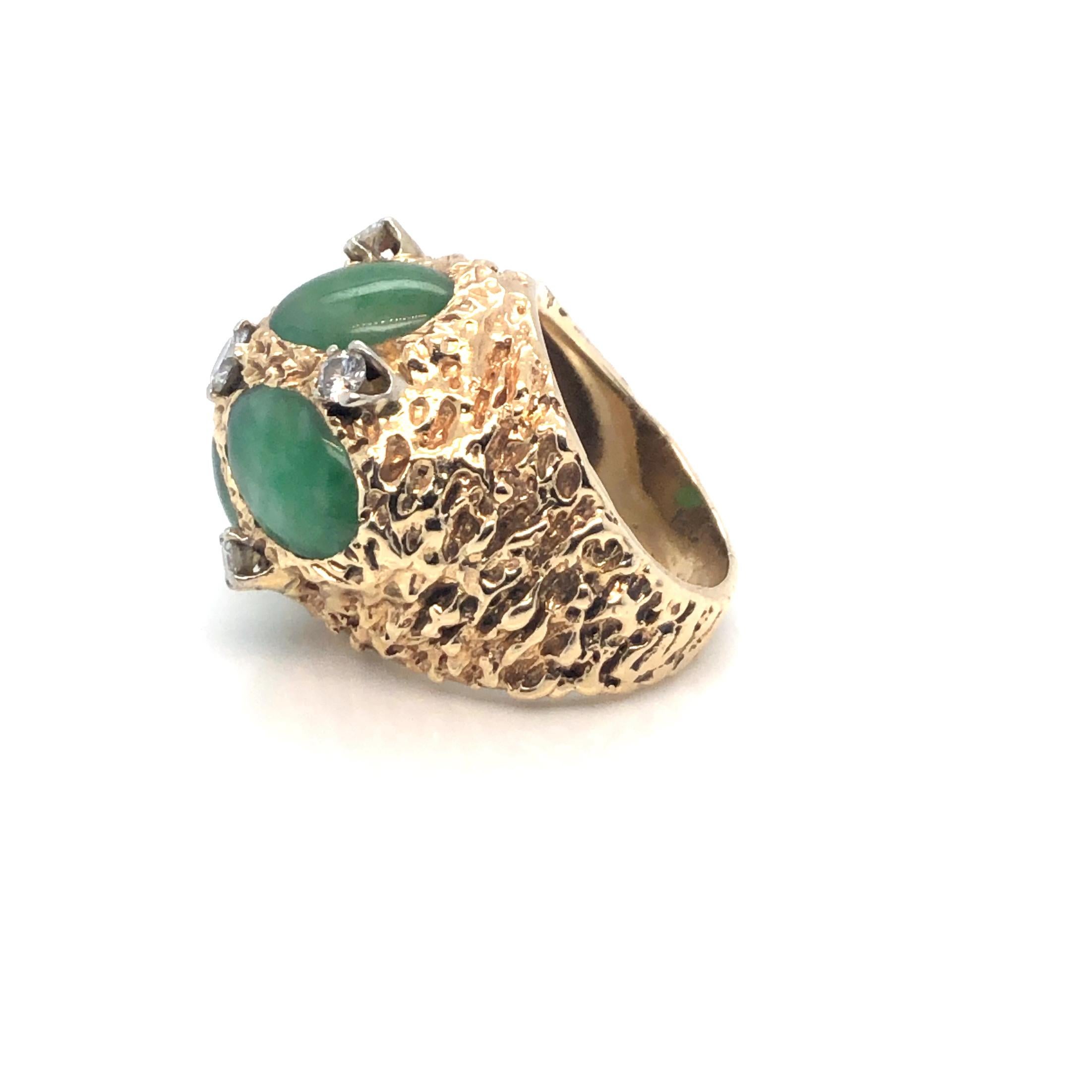 Oval Cut Brutalist High Dome Jade & Diamond Ring 14K Yellow Gold