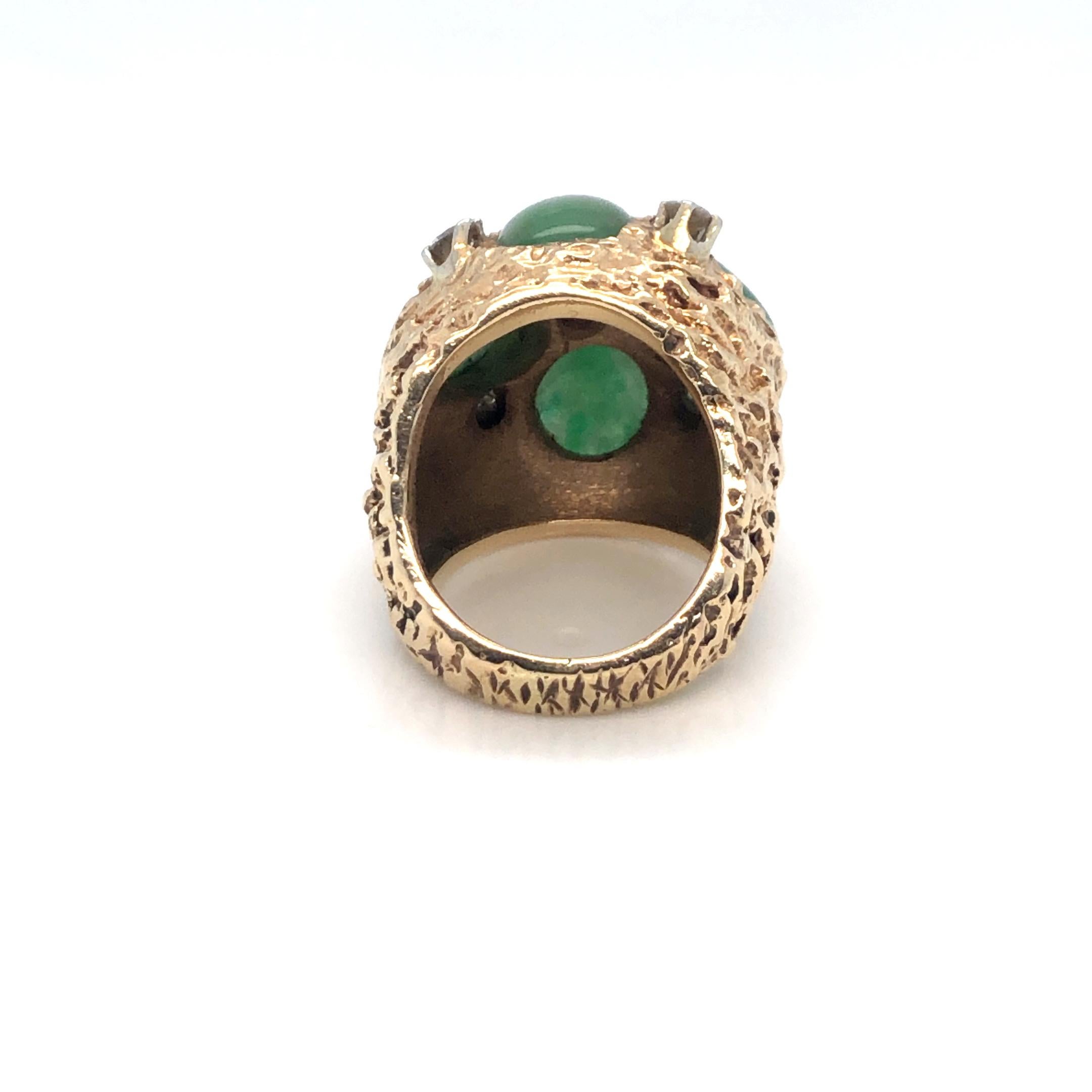 Brutalist High Dome Jade & Diamond Ring 14K Yellow Gold In Excellent Condition In Dallas, TX