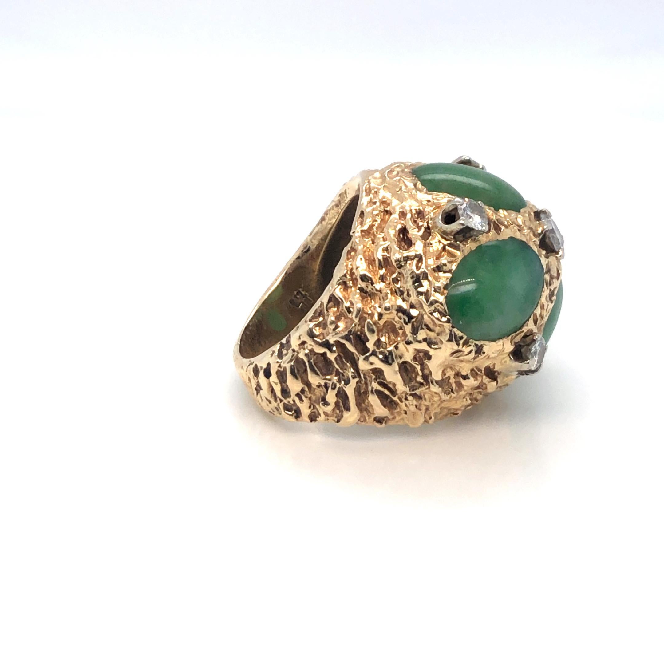 Women's or Men's Brutalist High Dome Jade & Diamond Ring 14K Yellow Gold