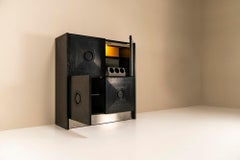 Brutalist Highboard In Stained Oak And Brushed Steel, Belgium 1970s