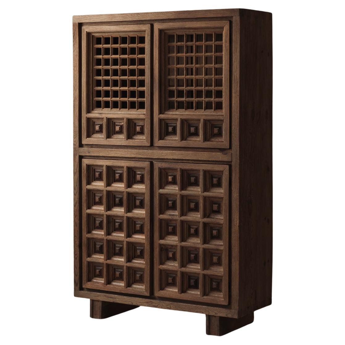 Brutalist highboard in stained pine by Biosa, Spain 1960s.