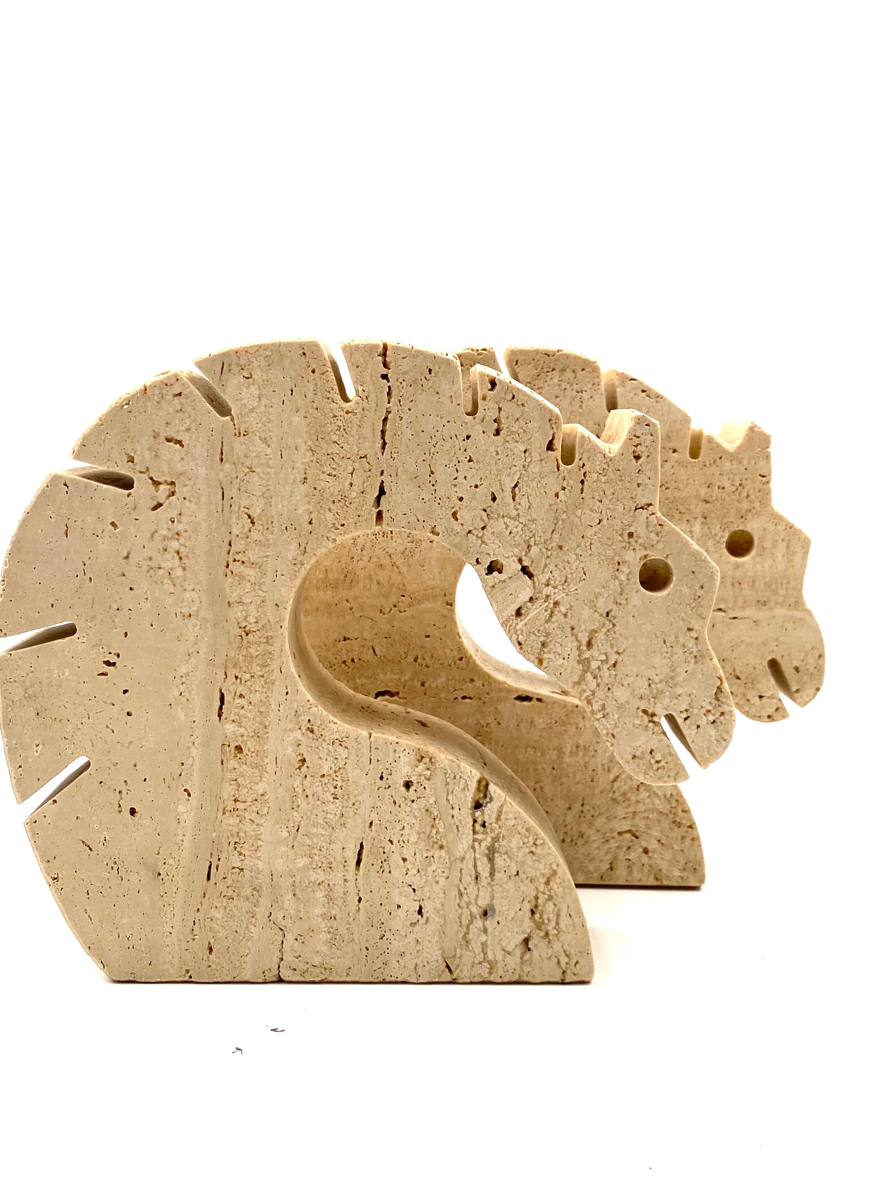 Late 20th Century Brutalist Horses / Dragons Travertine Bookends, Fratelli Mannelli, Italy, 1970s For Sale