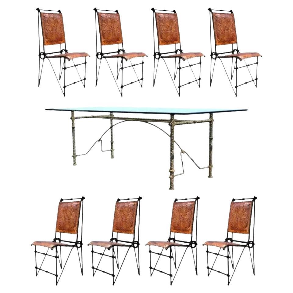 Brutalist Ilana Goor Style Iron & Glass Dining Set, Table & 8 Leather Chairs