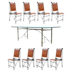 Brutalist Ilana Goor Style Iron & Glass Dining Set, Table & 8 Leather Chairs