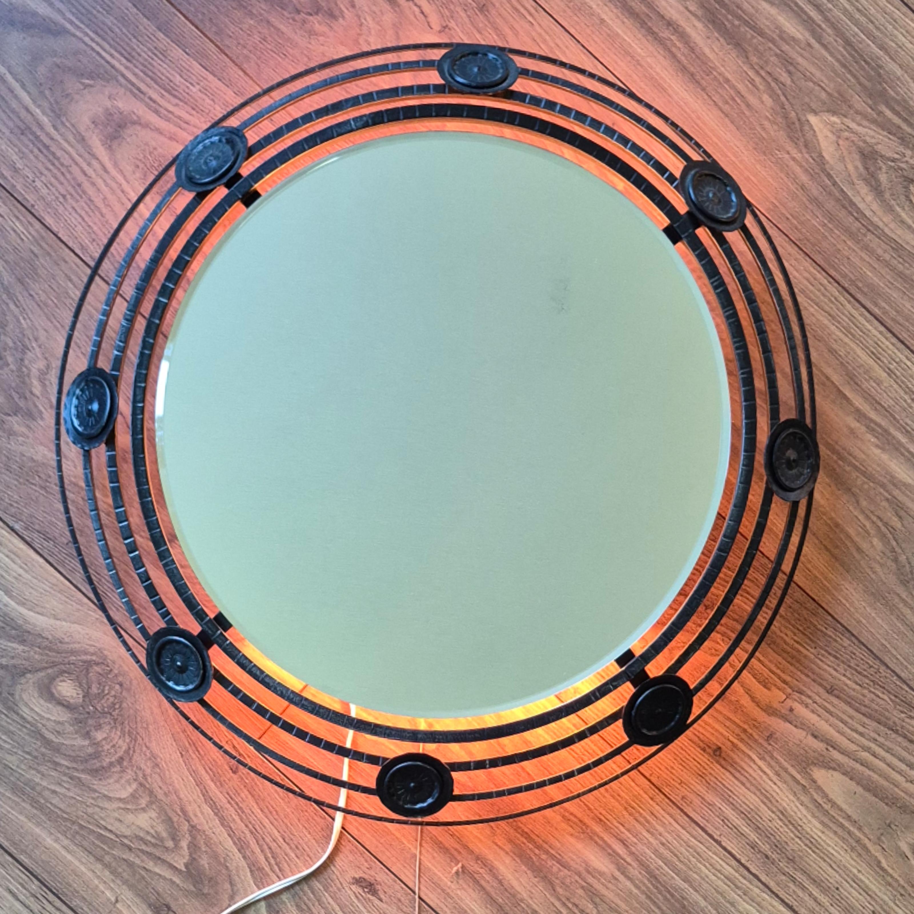 Brutalist illuminated wrought iron mirror, Germany 1970s For Sale 9