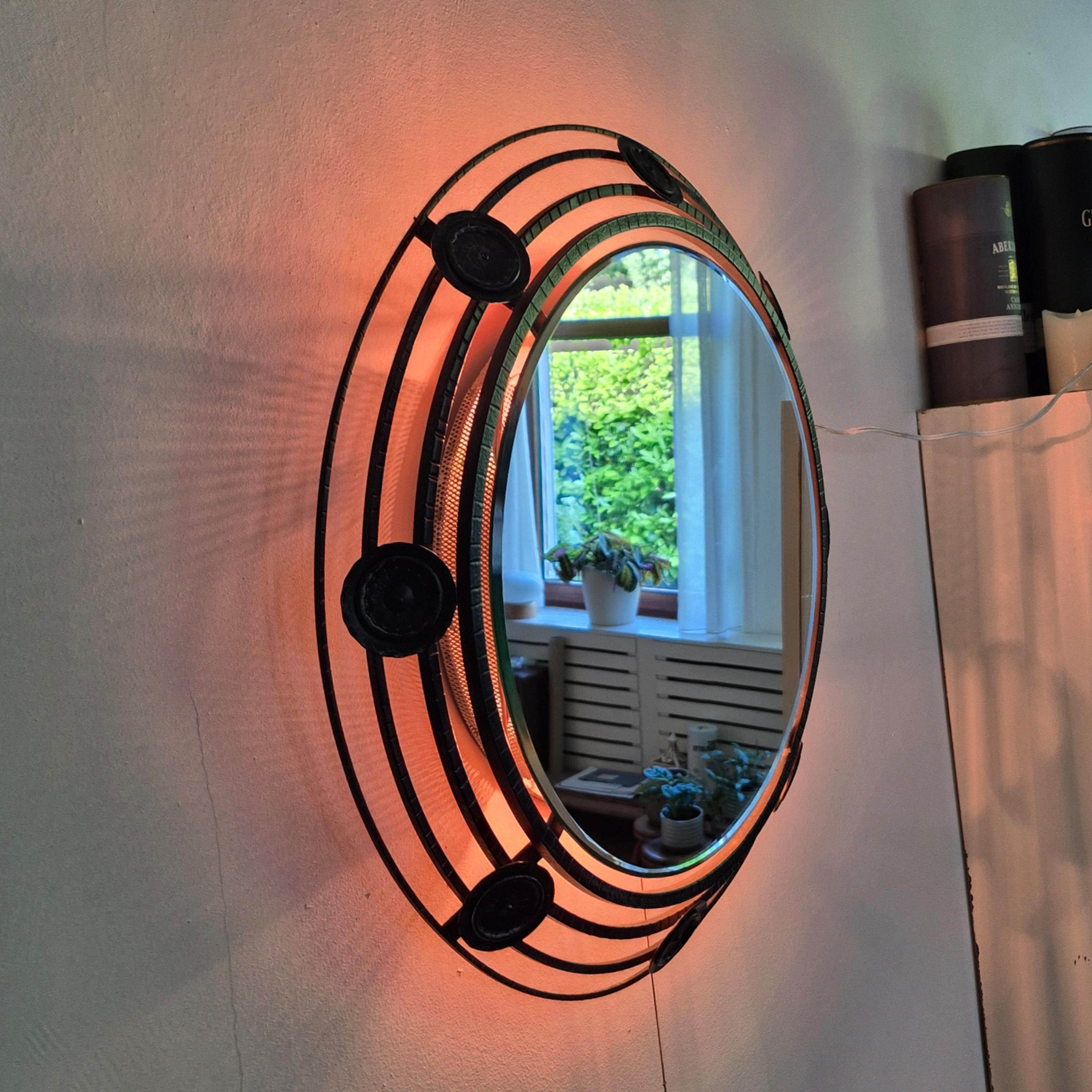 Forged Brutalist illuminated wrought iron mirror, Germany 1970s For Sale