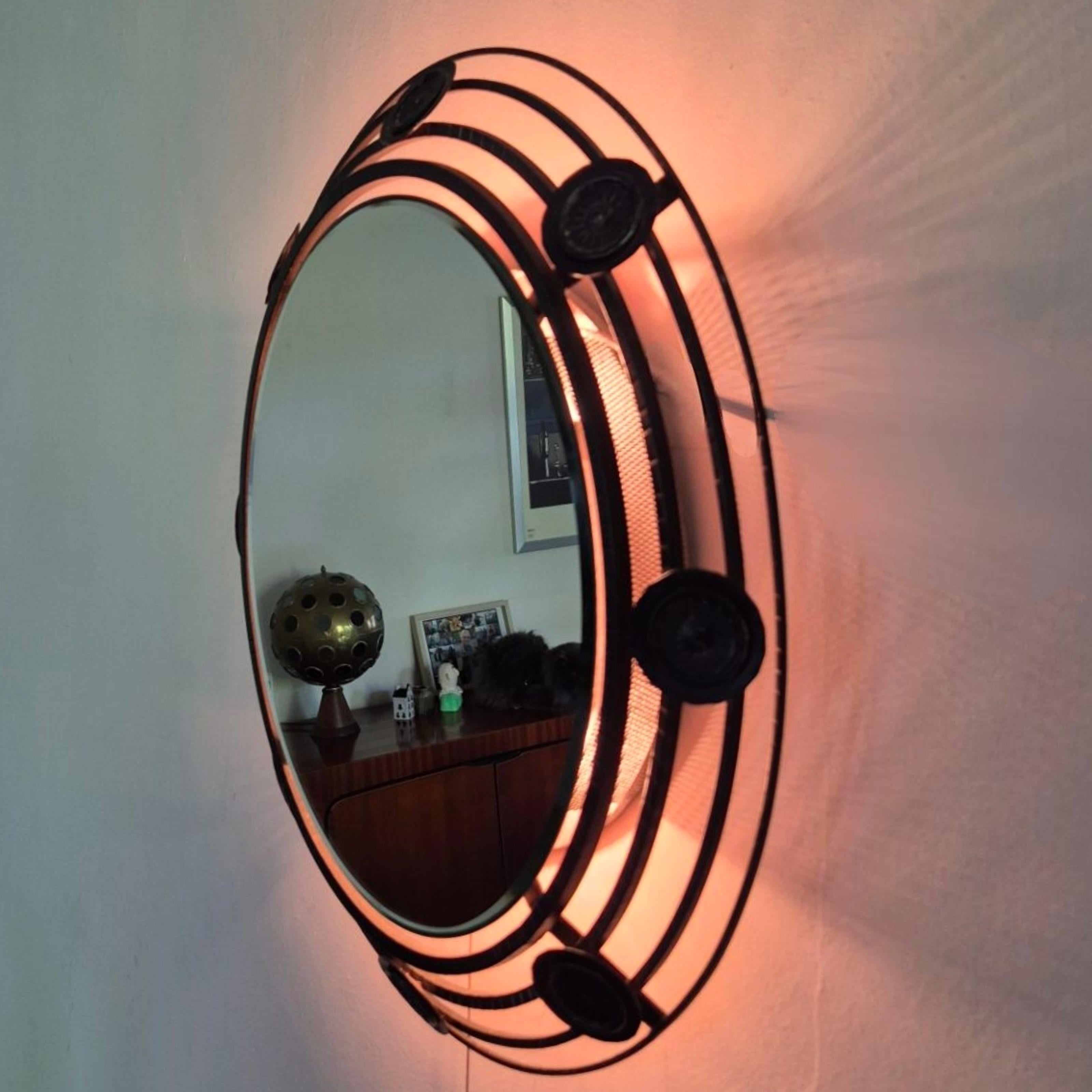 20th Century Brutalist illuminated wrought iron mirror, Germany 1970s For Sale