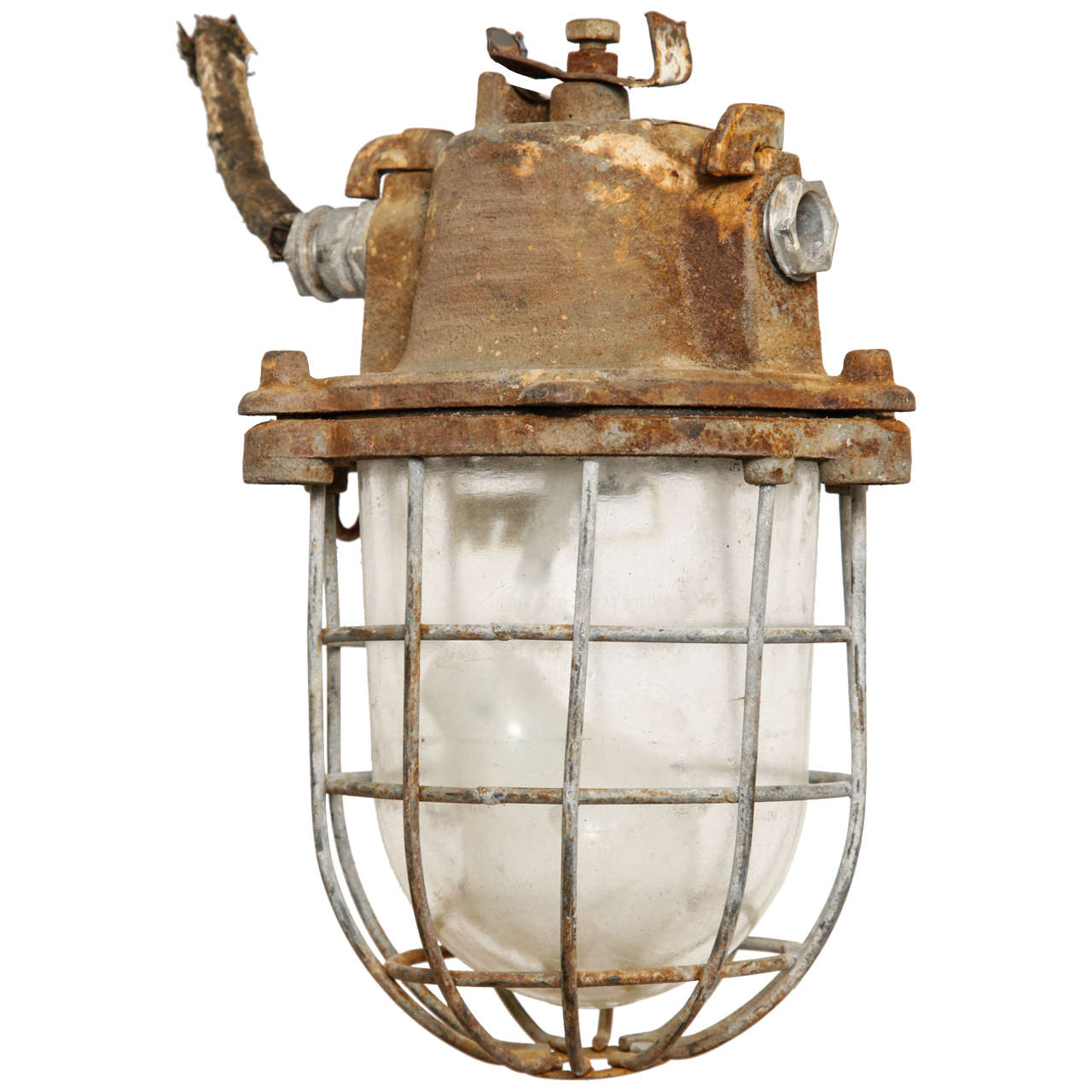 Brutalist Industrial Clear Glass Hanging Cage Lighting For Sale