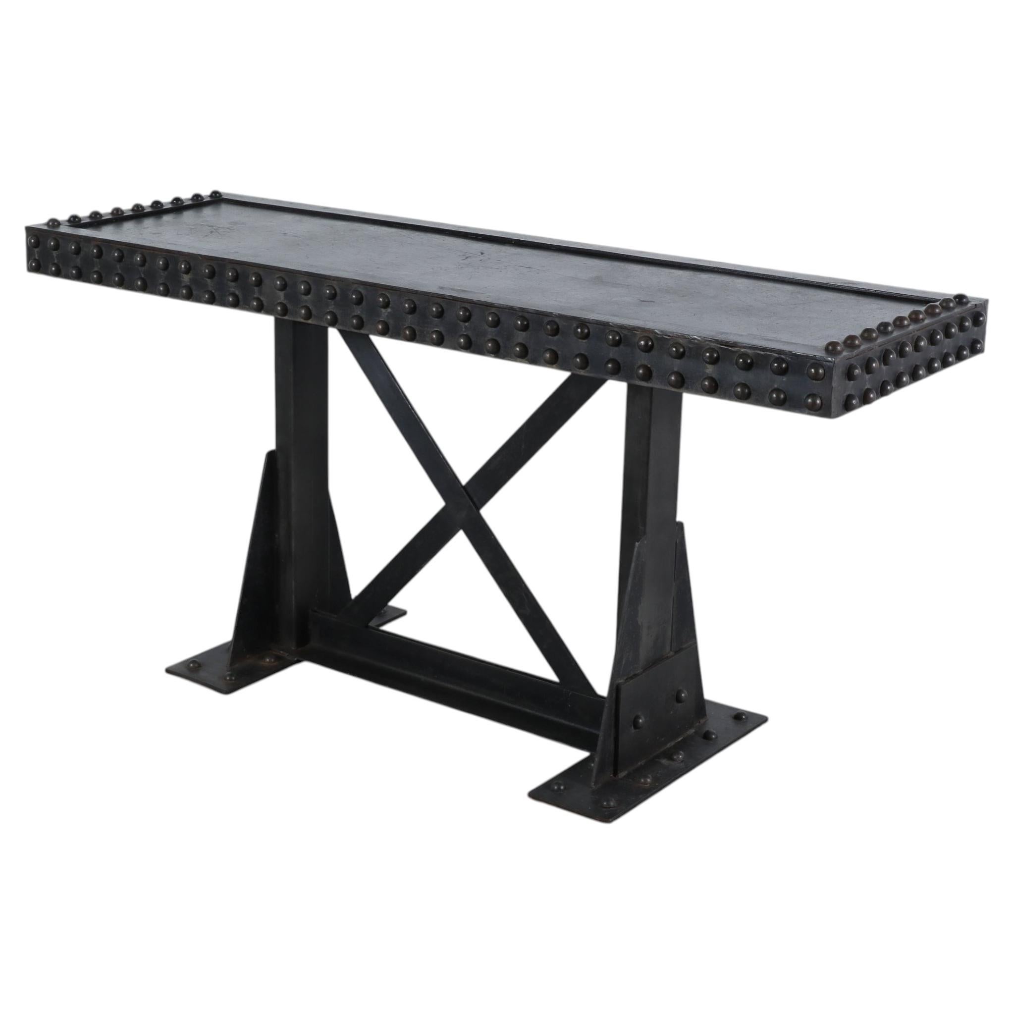 Brutalist Industrial Iron Console Table with Dome-Head Rivet Detail