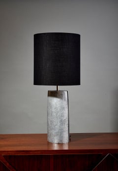 Brutalist Table Lamp in Silver Textured Aluminium with Black Shade, Italy 1970's