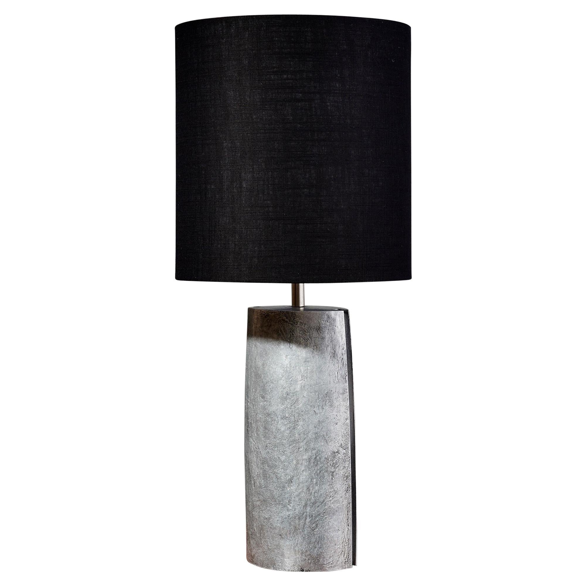 Brutalist Table Lamp in Silver Textured Aluminium with Black Shade, Italy 1970's For Sale
