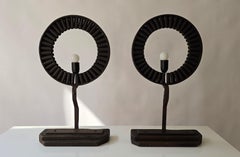 Brutalist Industrial Table Lamp Made from Reclaimed Machinery Parts and Wood