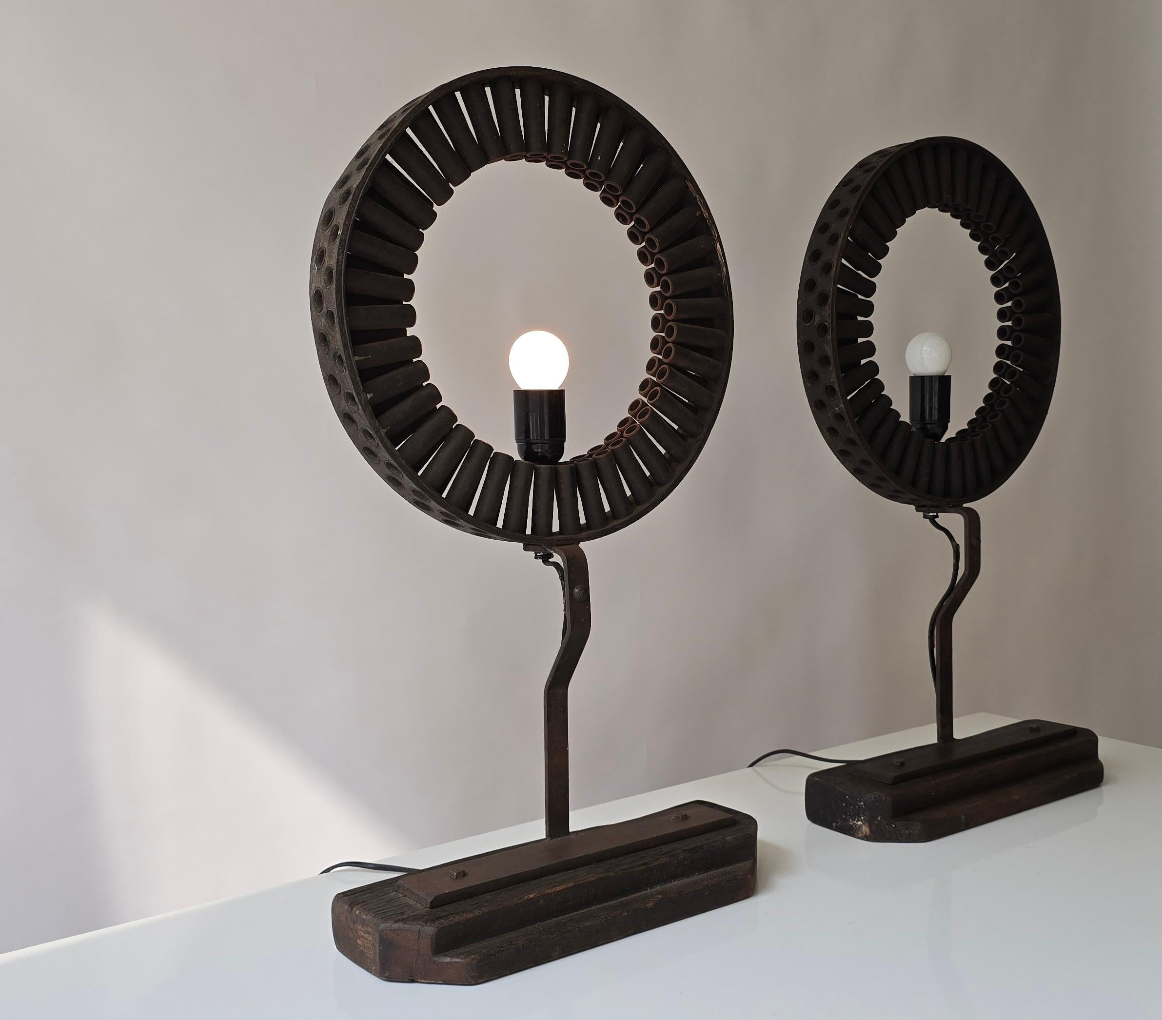 French Brutalist Industrial Table Lamp Made from Reclaimed Machinery Parts and Wood For Sale