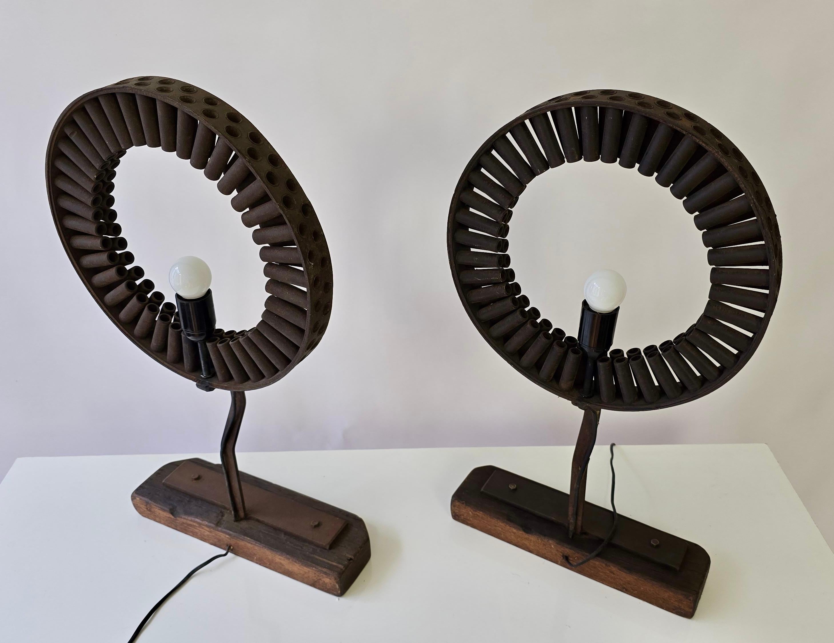 Brutalist Industrial Table Lamp Made from Reclaimed Machinery Parts and Wood For Sale 1