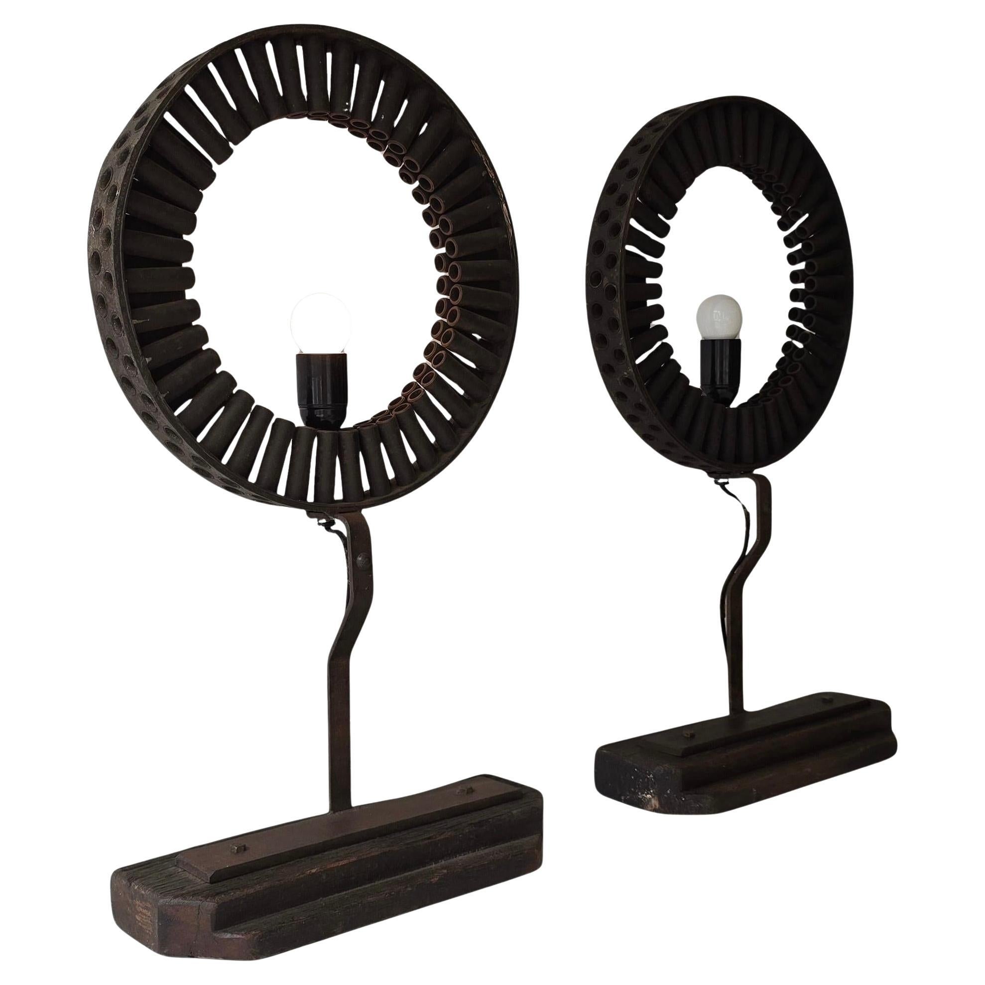 Brutalist Industrial Table Lamp Made from Reclaimed Machinery Parts and Wood For Sale