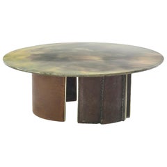 Brutalist Inspired Coffee Table with Hand-Silvered Glass Top and Metal Base