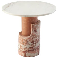 Brutalist Inspired Side Table Braque in Marbled Cement and Marble, Blossom Pink