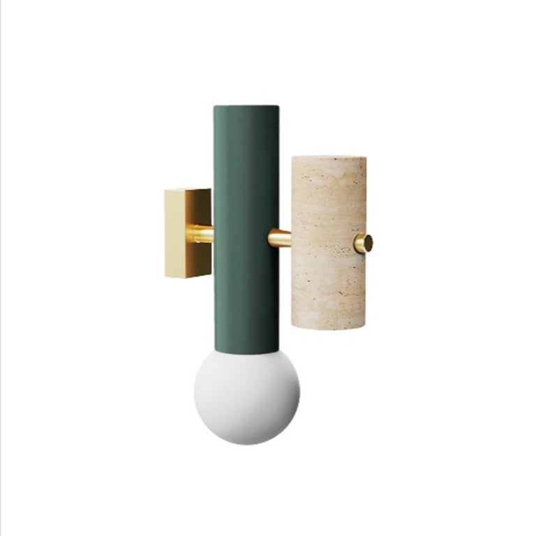 Portuguese Brutalist inspired Wall Sconce Pyppe Salmon Pink, Polished Brass, Frosted Glass For Sale