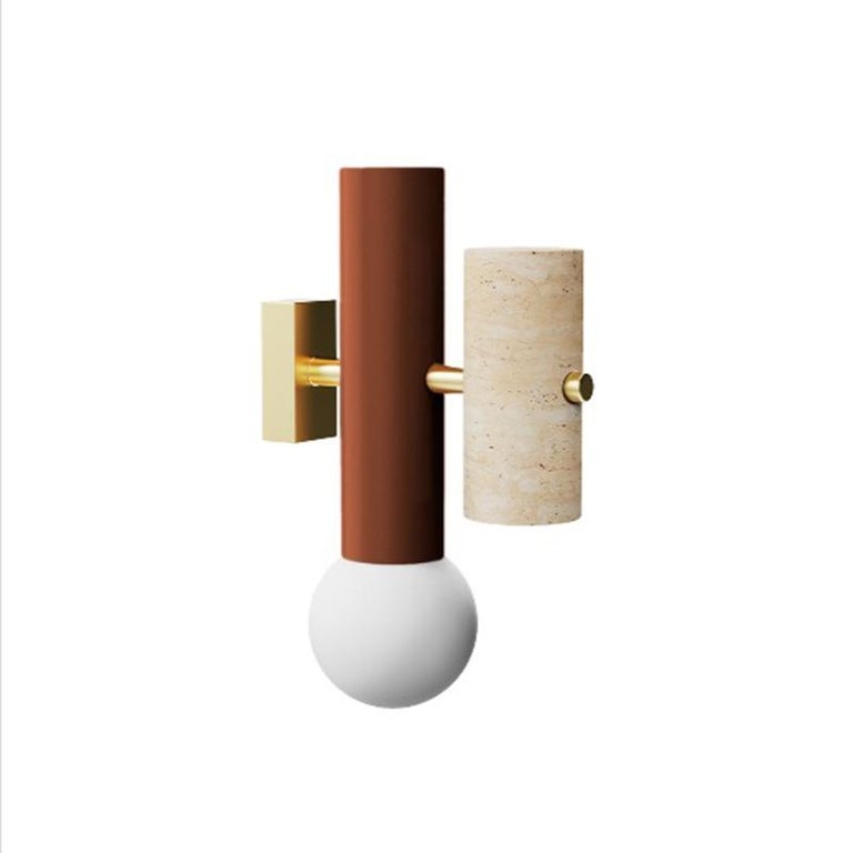 Brutalist inspired Wall Sconce Pyppe Salmon Pink, Polished Brass, Frosted Glass In New Condition For Sale In Lisbon, PT