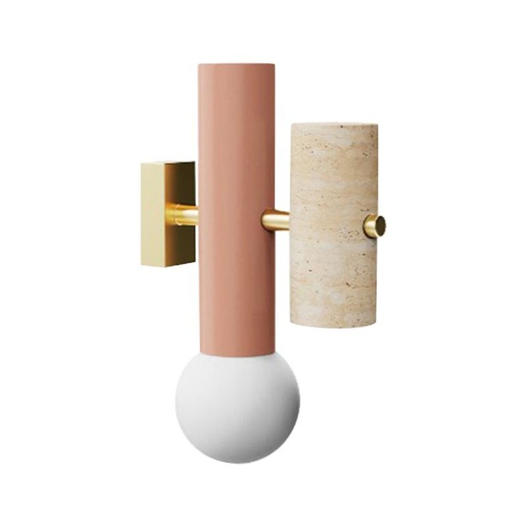 Brutalist inspired Wall Sconce Pyppe Salmon Pink, Polished Brass, Frosted Glass For Sale
