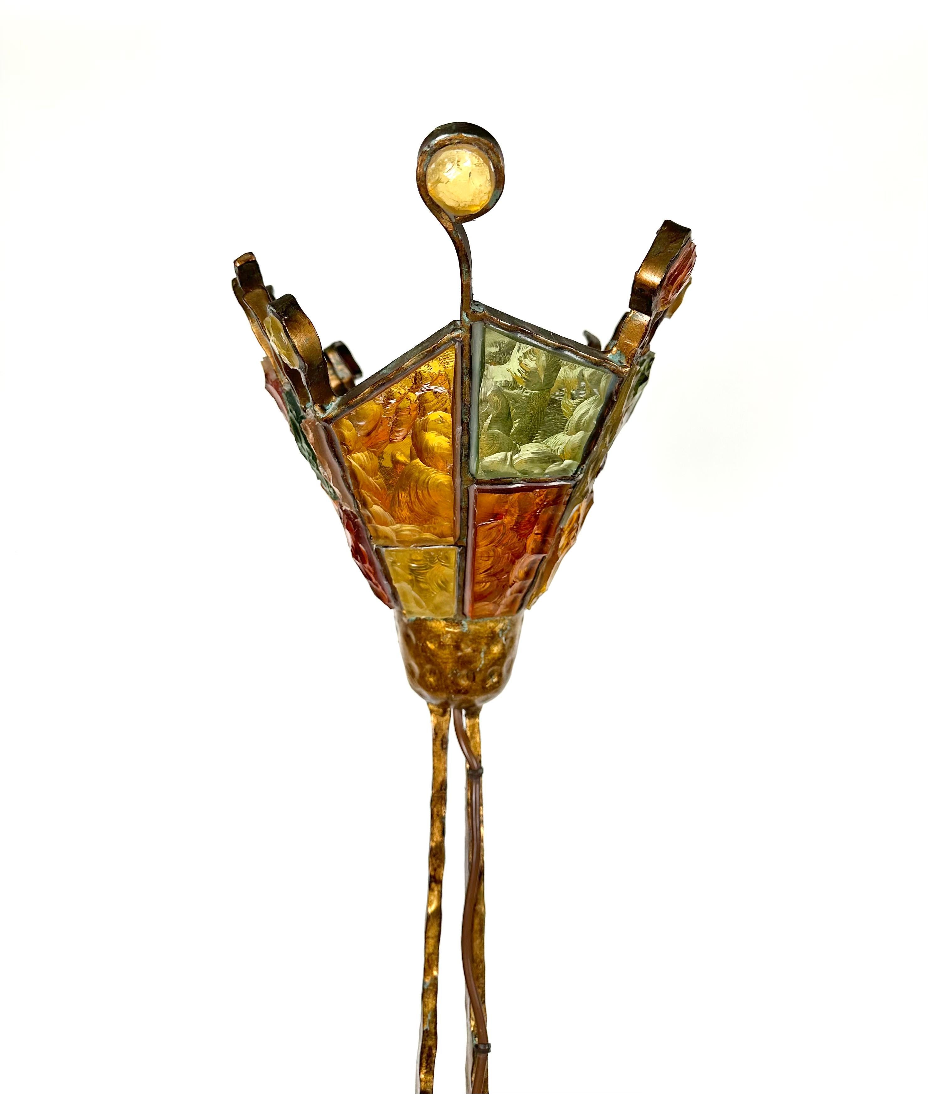 Metal Brutalist Iron and Art Glass Floor Lamp Albano Poli for Poliarte, Italy 1970s For Sale