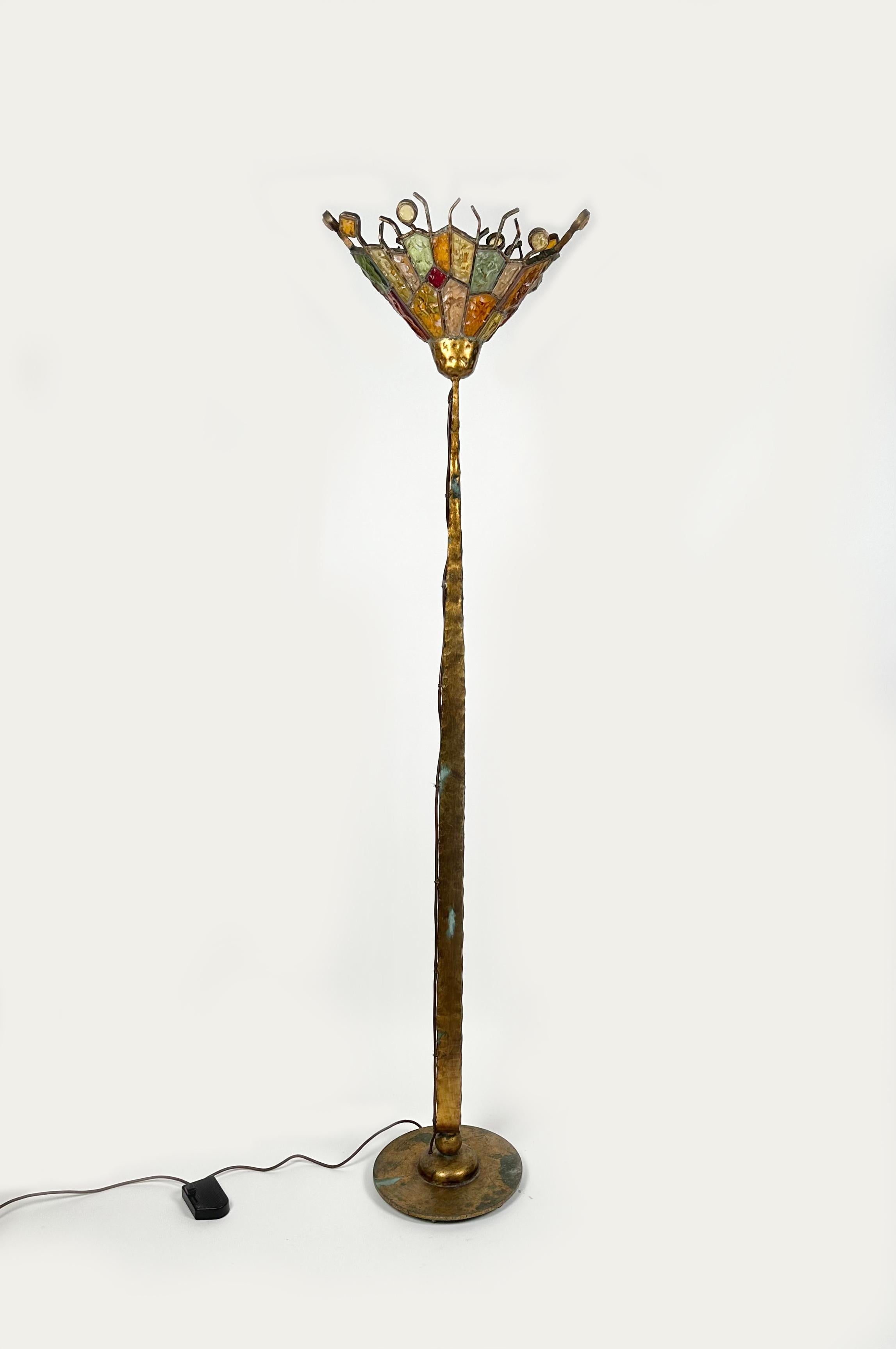 Brutalist Iron and Art Glass Floor Lamp Albano Poli for Poliarte, Italy 1970s For Sale 1