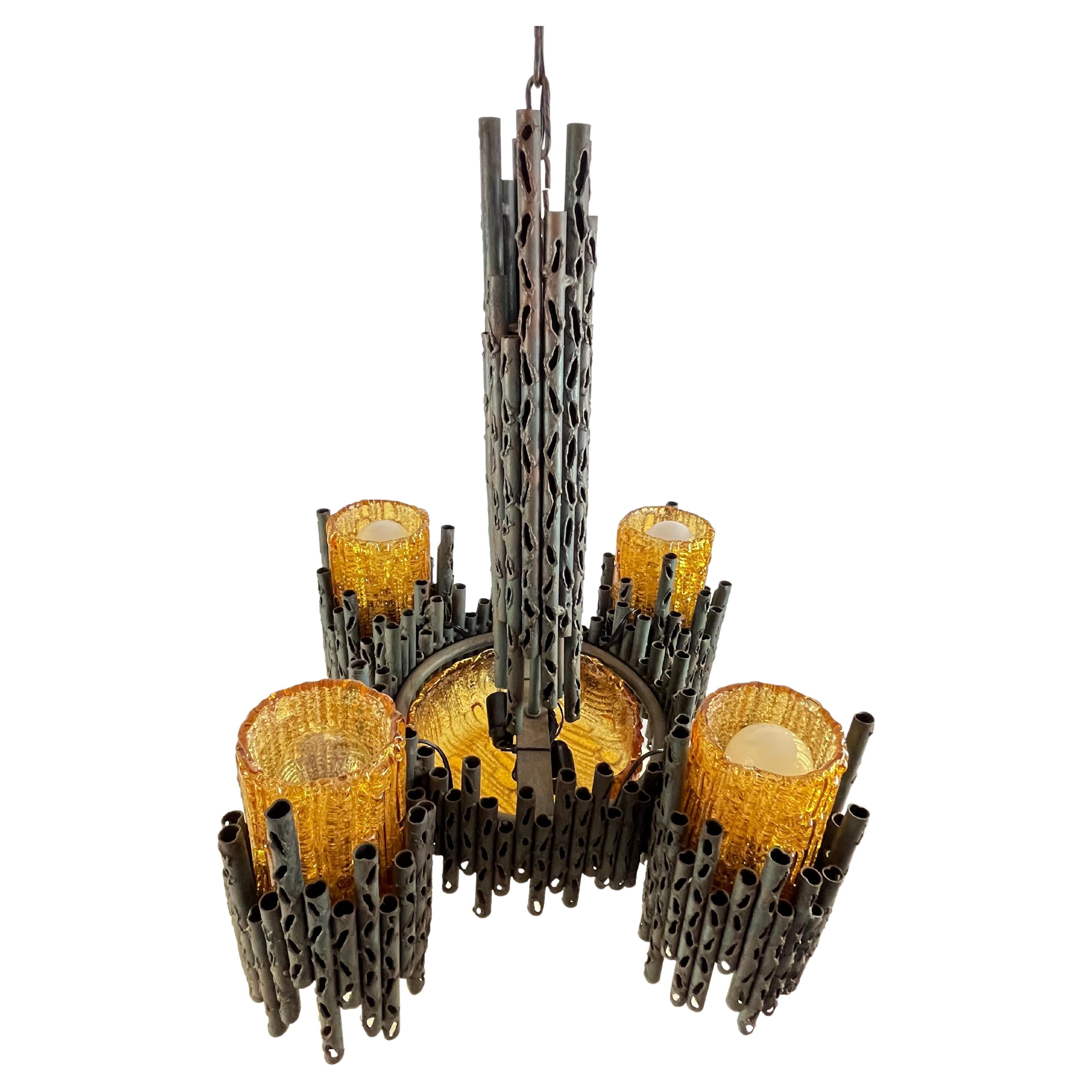 Chandelier brutaliste vintage en bronze Kunsthaus Kopp 1960