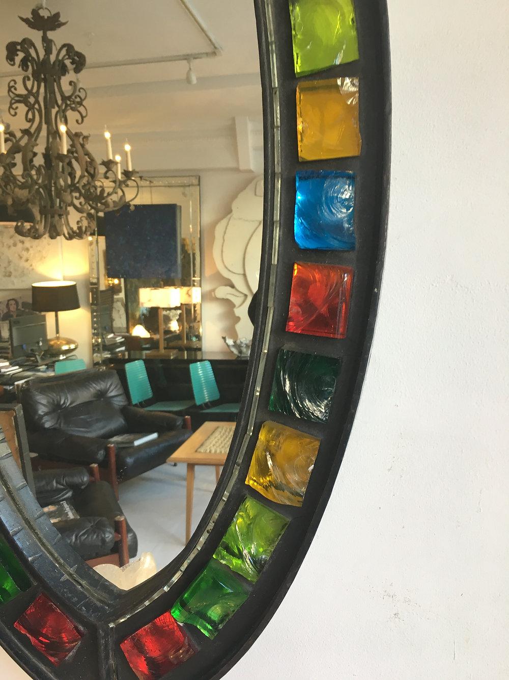 Mid-20th Century Brutalist Iron and Coloured Glass Elliptical Mirror